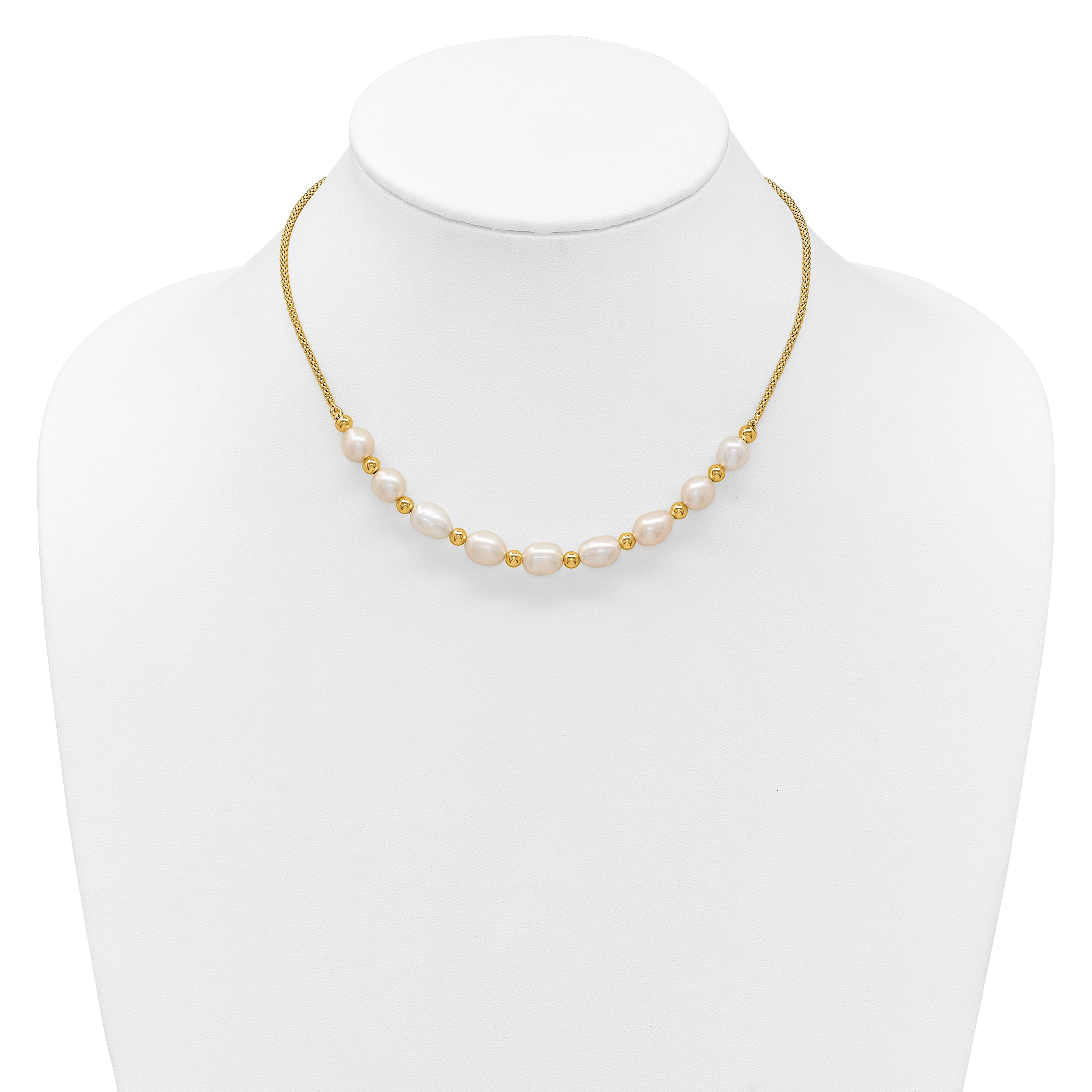 Sterling Silver Gold-tone Polished and Beaded 7-8mm Freshwater Cultured Rice Pearl 16 Inch with 2 Inch Extension Necklace