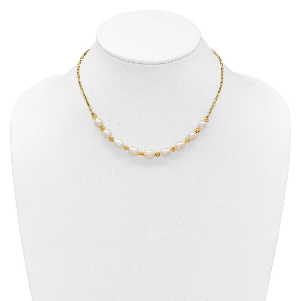 Sterling Silver Gold-tone Polished and Beaded 7-8mm Freshwater Cultured Rice Pearl 16 Inch with 2 Inch Extension Necklace