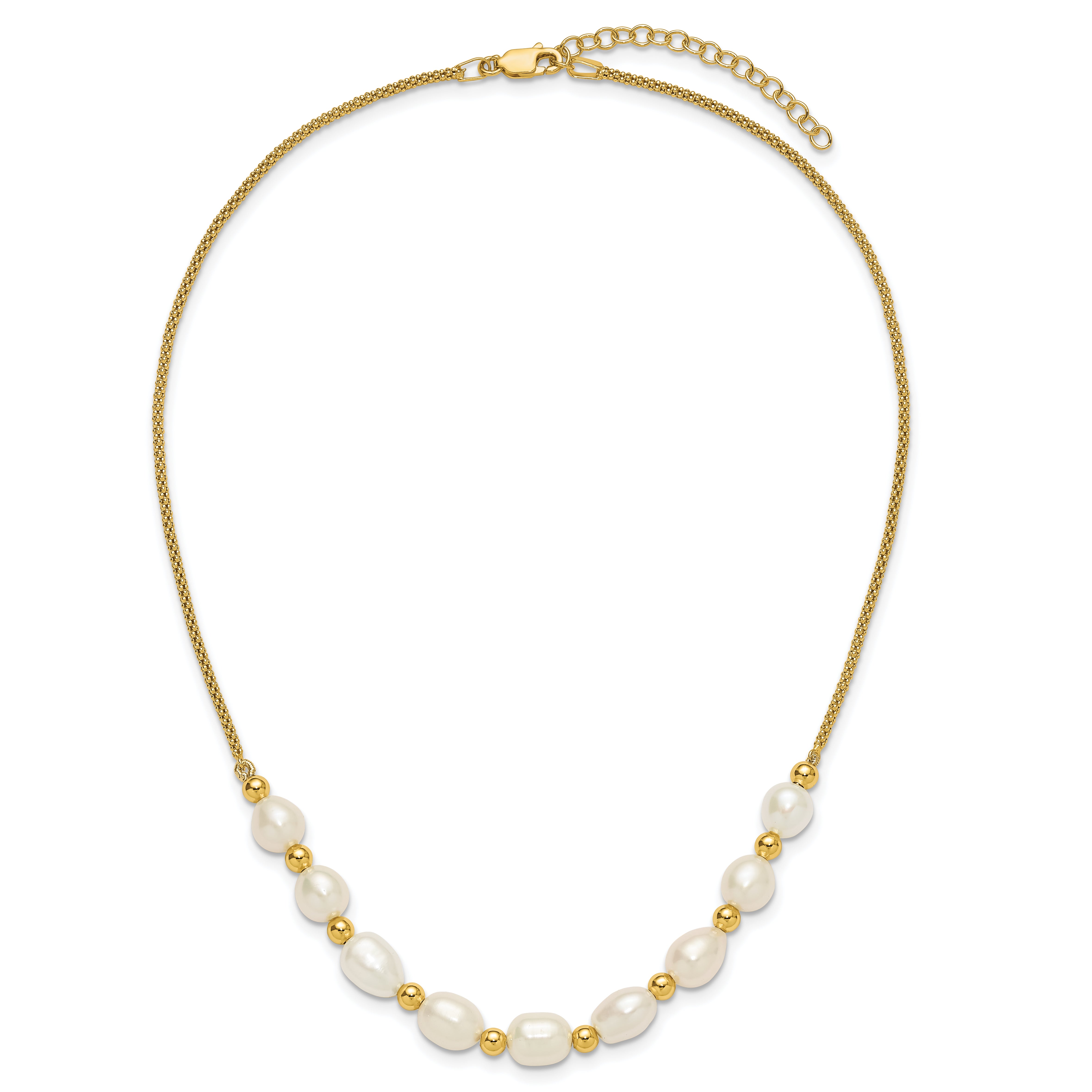 Sterling Silver Gold-tone Polished and Beaded 7-8mm Freshwater Cultured Rice Pearl 16 Inch with 2 Inch Extension Necklace