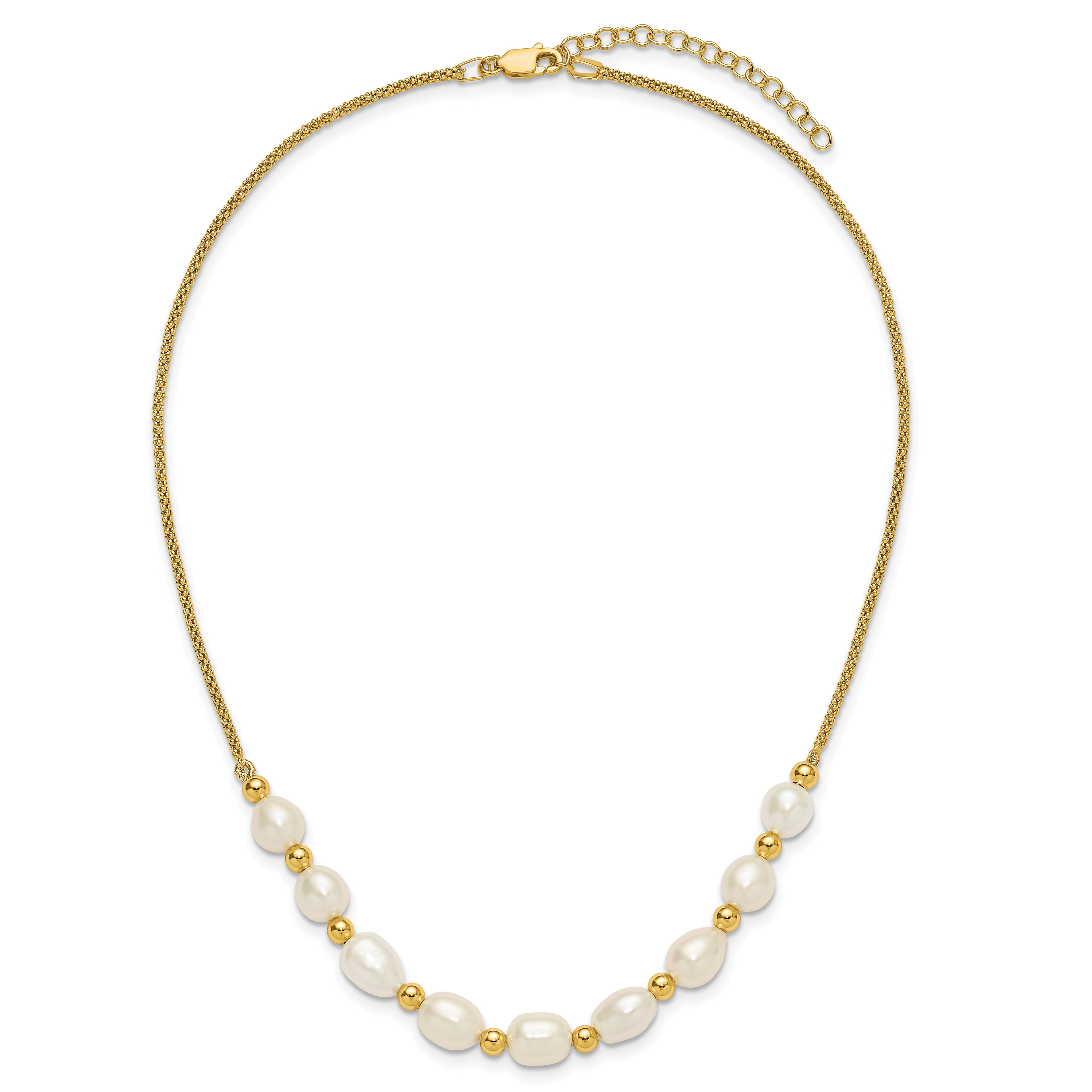 Sterling Silver Gold-tone Polished and Beaded 7-8mm Freshwater Cultured Rice Pearl 16 Inch with 2 Inch Extension Necklace
