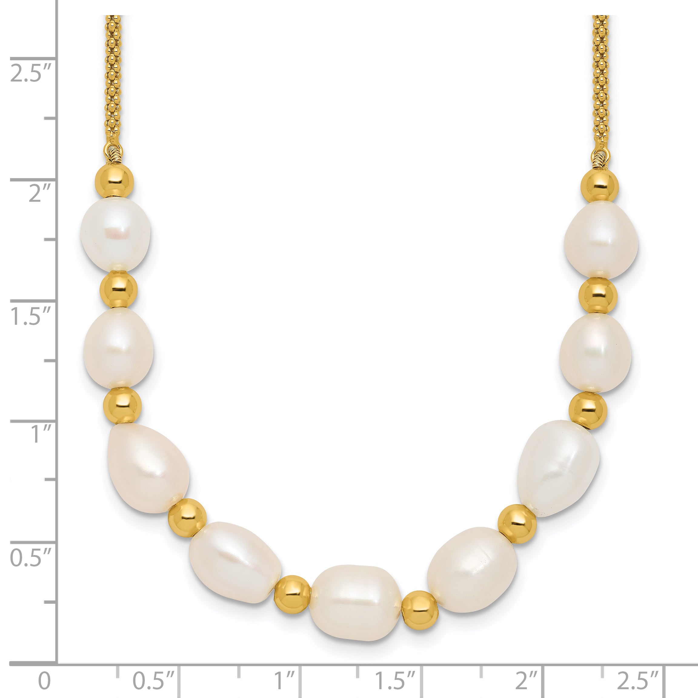 Sterling Silver Gold-tone Polished and Beaded 7-8mm Freshwater Cultured Rice Pearl 16 Inch with 2 Inch Extension Necklace