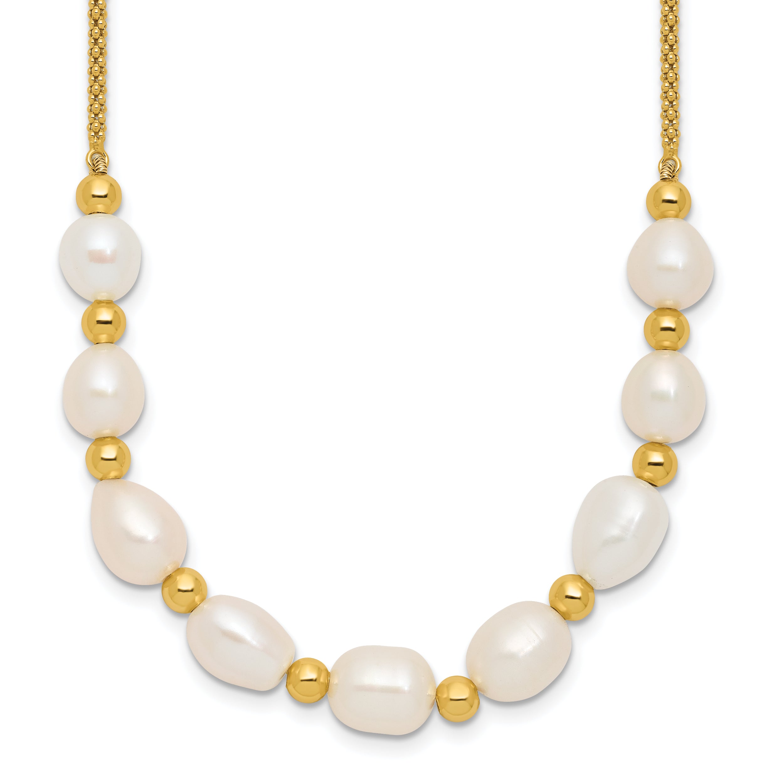 Sterling Silver Gold-tone Polished and Beaded 7-8mm Freshwater Cultured Rice Pearl 16 Inch with 2 Inch Extension Necklace