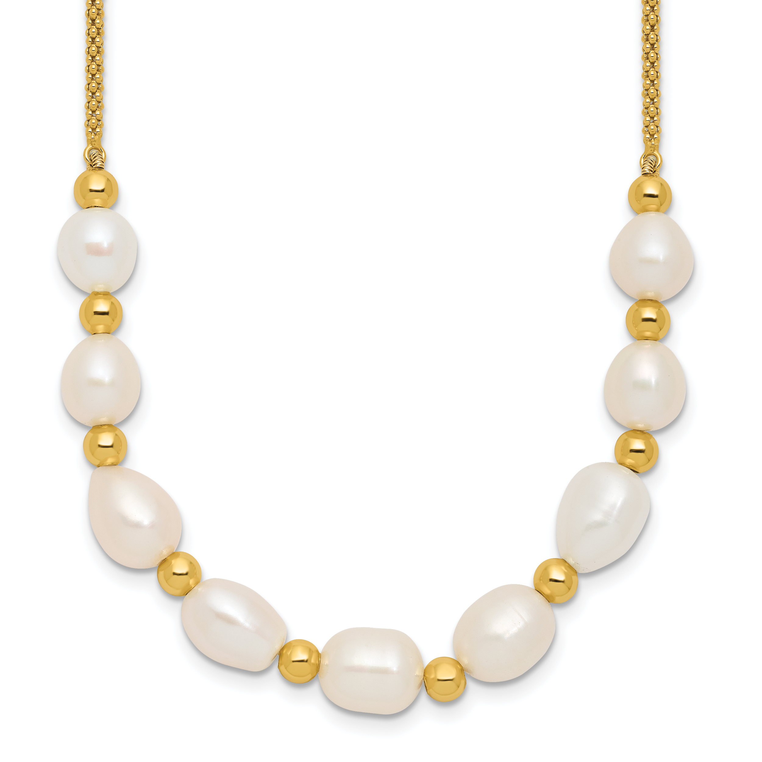 Sterling Silver Gold-tone Polished and Beaded 7-8mm Freshwater Cultured Rice Pearl 16 Inch with 2 Inch Extension Necklace Main image