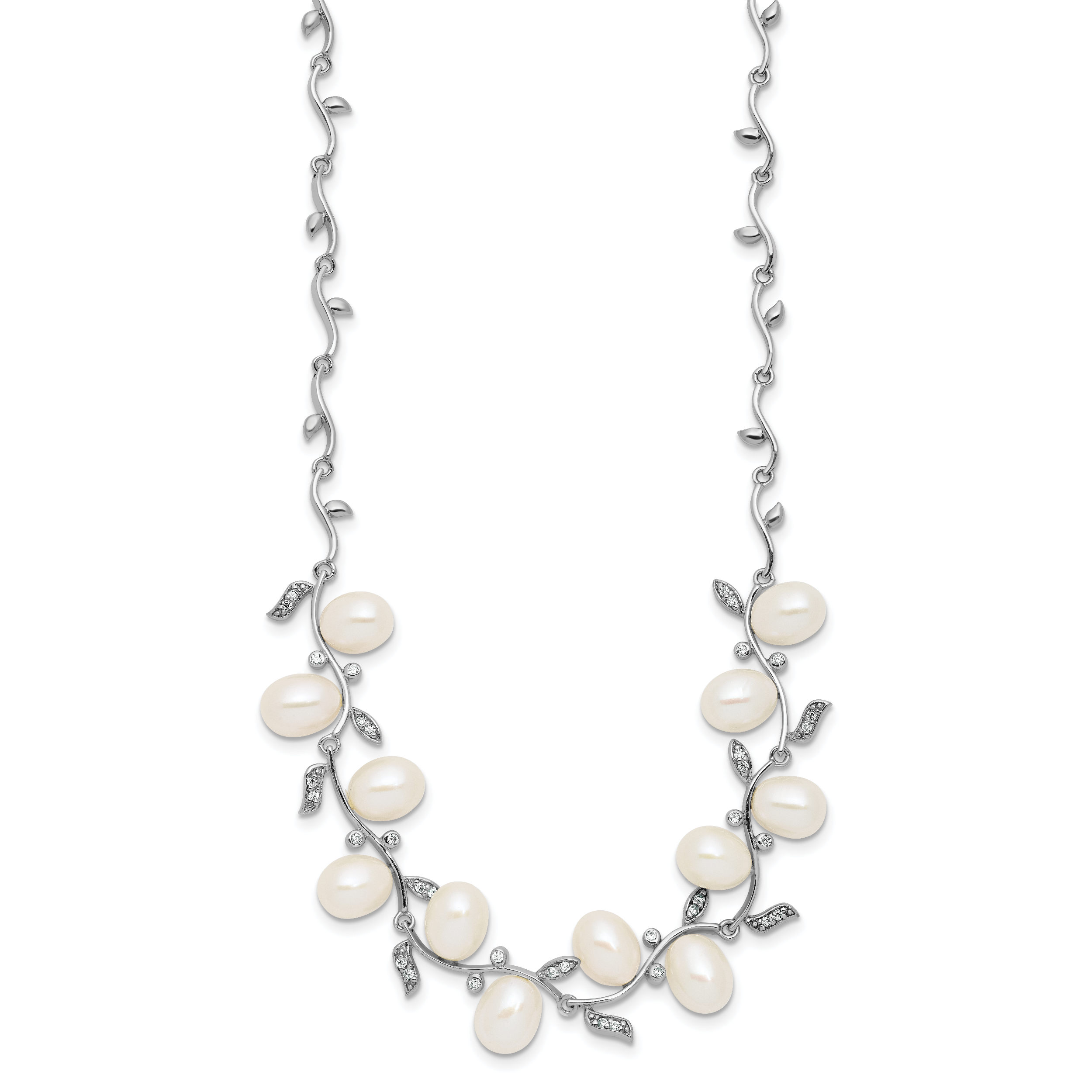 Sterling Silver Rhodium-plated 6-8mm Teardrop White Freshwater Cultured Pearl and CZ Leaf 17 inch Necklace Secondary image