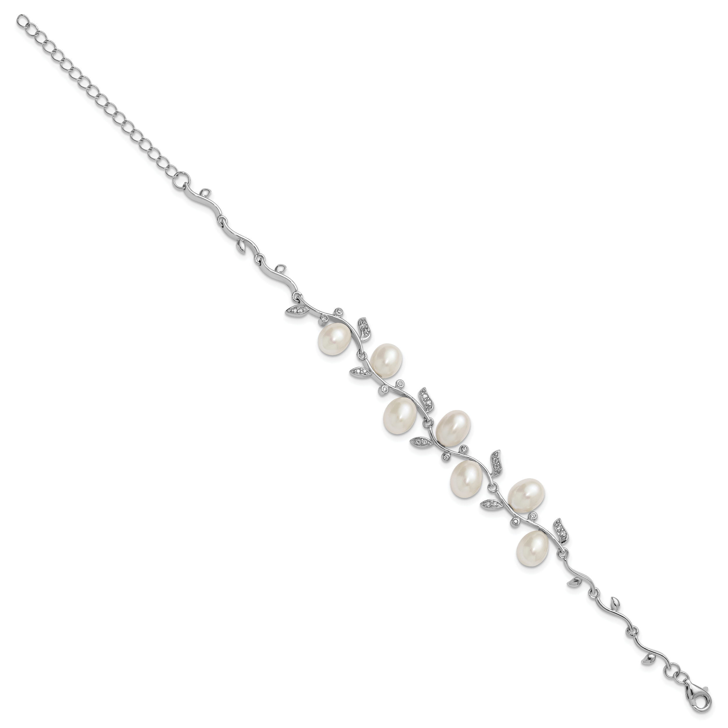 Sterling Silver Rhodium-plated 6-8mm Teardrop White Freshwater Cultured Pearl and CZ Leaf 7 inch with 1 inch Extender Bracelet Secondary image