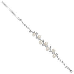 Sterling Silver Rhodium-plated 6-8mm Teardrop White Freshwater Cultured Pearl and CZ Leaf 7 inch with 1 inch Extender Bracelet