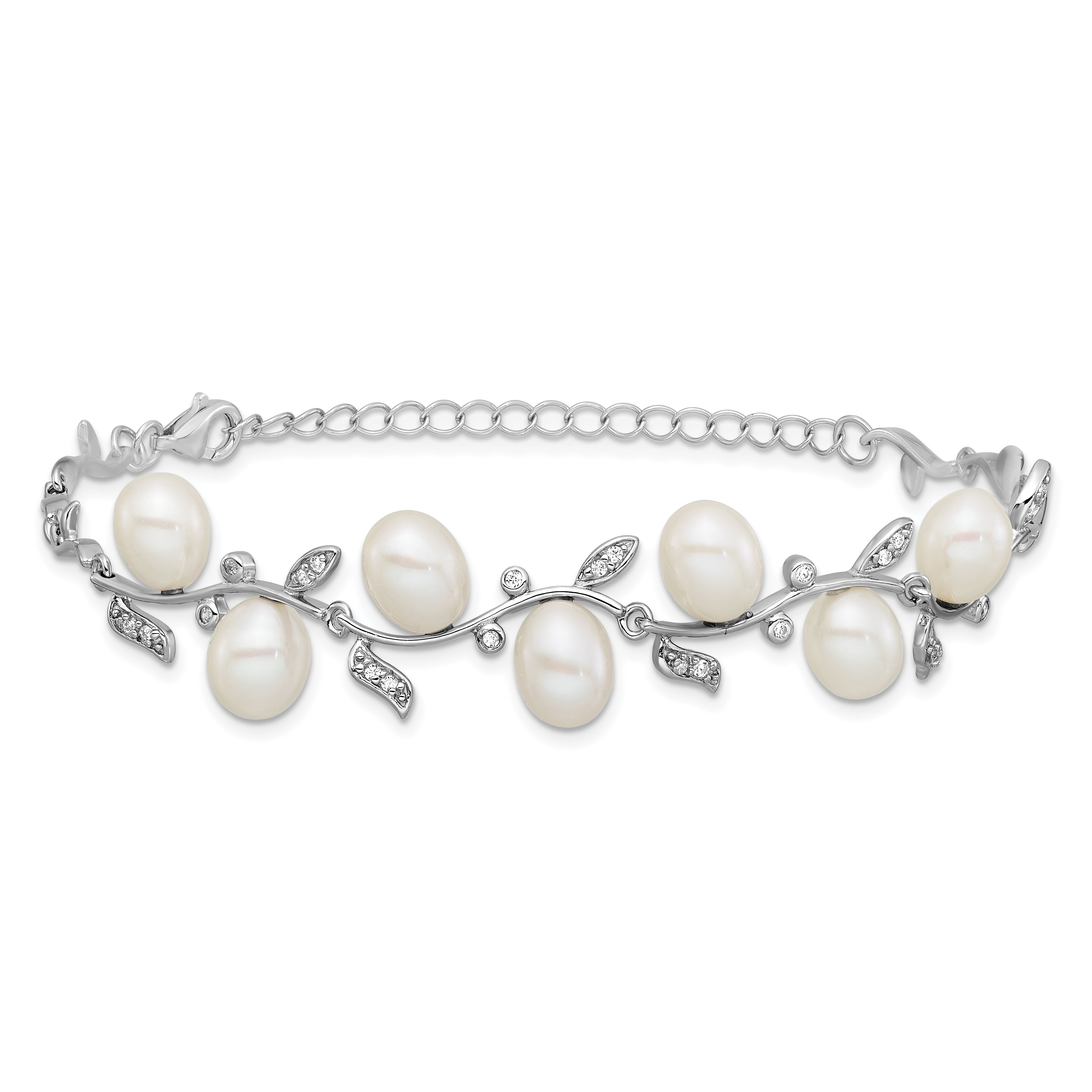 Sterling Silver Rhodium-plated 6-8mm Teardrop White Freshwater Cultured Pearl and CZ Leaf 7 inch with 1 inch Extender Bracelet