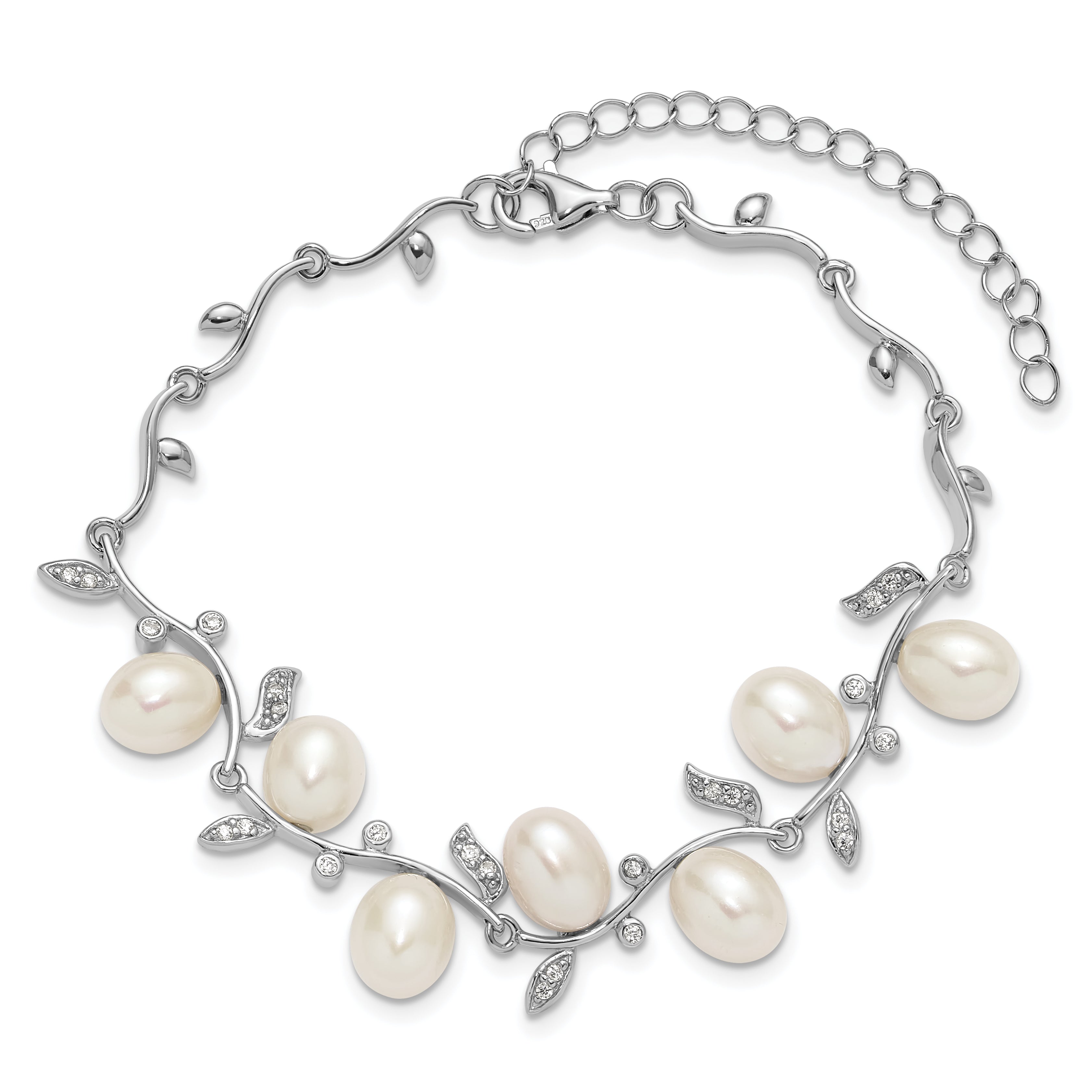 Sterling Silver Rhodium-plated 6-8mm Teardrop White Freshwater Cultured Pearl and CZ Leaf 7 inch with 1 inch Extender Bracelet
