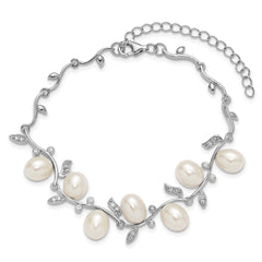 Sterling Silver Rhodium-plated 6-8mm Teardrop White Freshwater Cultured Pearl and CZ Leaf 7 inch with 1 inch Extender Bracelet