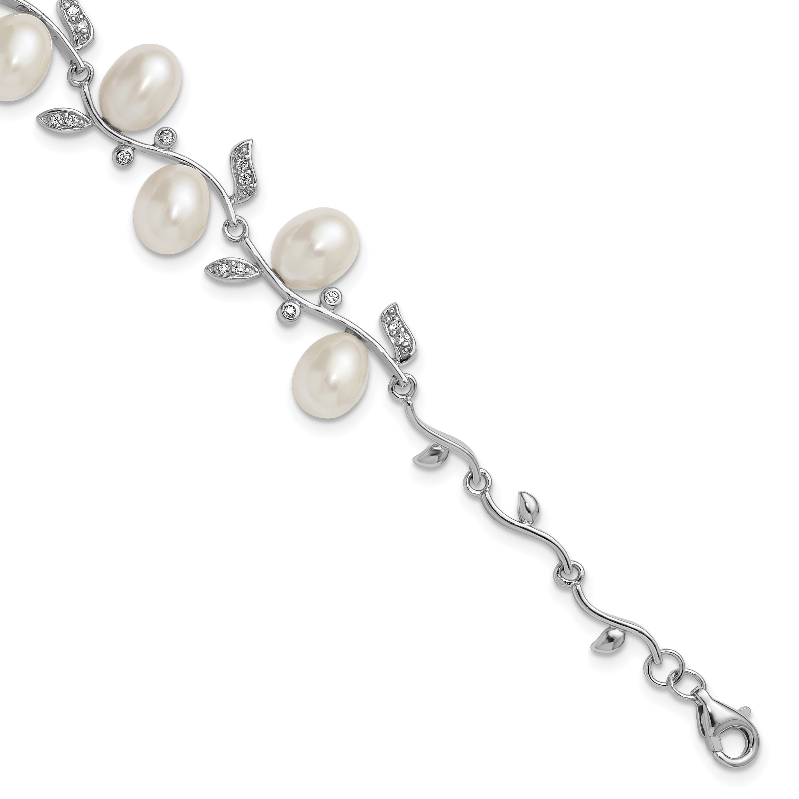 Sterling Silver Rhodium-plated 6-8mm Teardrop White Freshwater Cultured Pearl and CZ Leaf 7 inch with 1 inch Extender Bracelet Main image