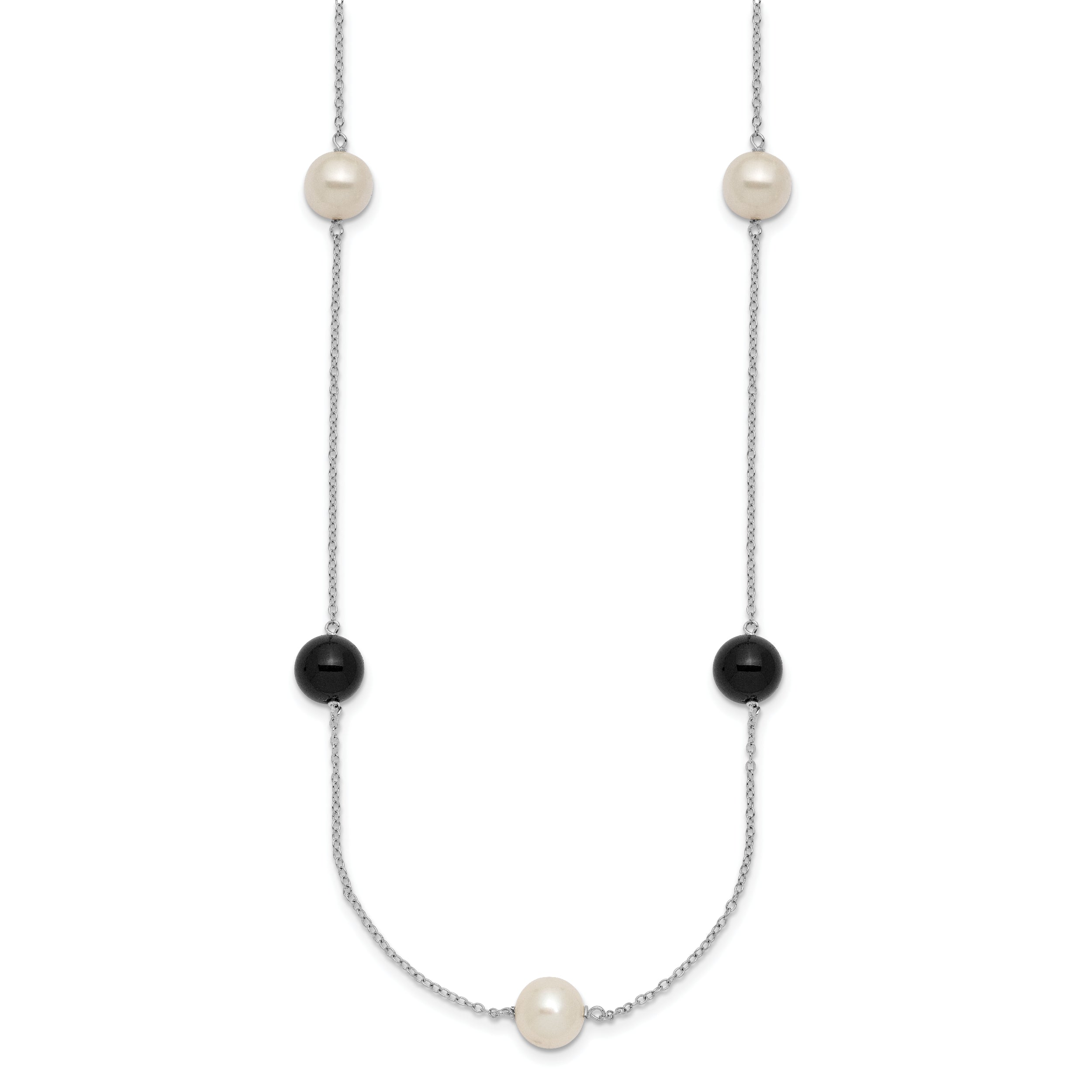 Sterling Silver Rhodium-plated 8-9mm Round White Freshwater Cultured Pearl and Onyx 7-Station 18 inch Necklace