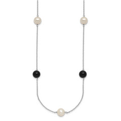 Sterling Silver Rhodium-plated 8-9mm Round White Freshwater Cultured Pearl and Onyx 7-Station 18 inch Necklace