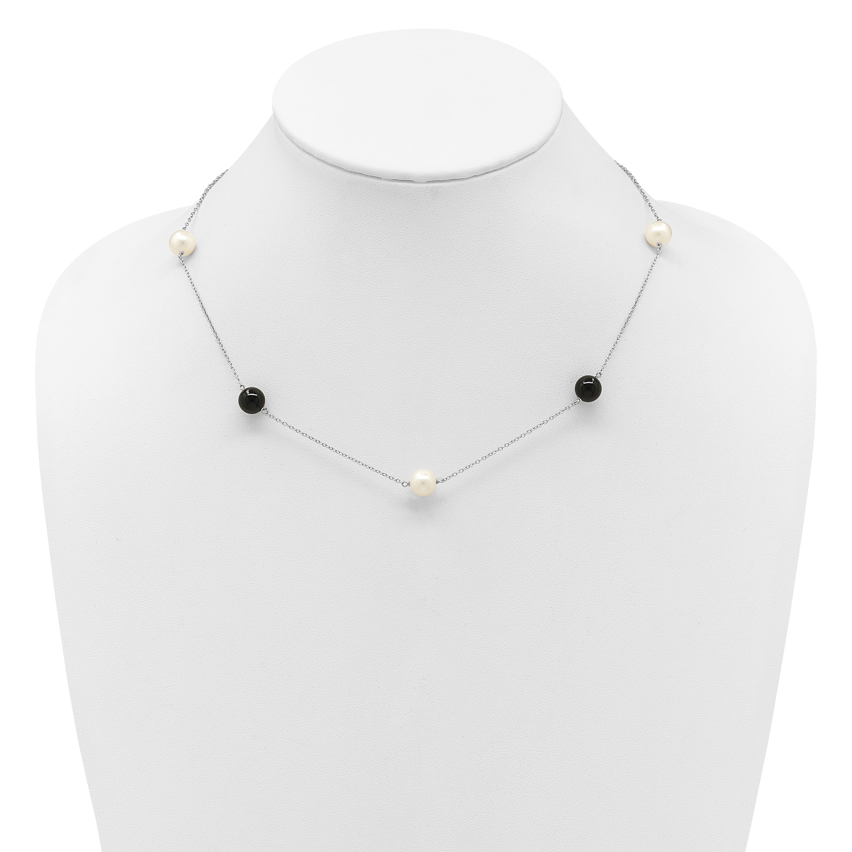 Sterling Silver Rhodium-plated 8-9mm Round White Freshwater Cultured Pearl and Onyx 7-Station 18 inch Necklace