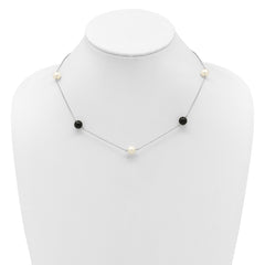 Sterling Silver Rhodium-plated 8-9mm Round White Freshwater Cultured Pearl and Onyx 7-Station 18 inch Necklace