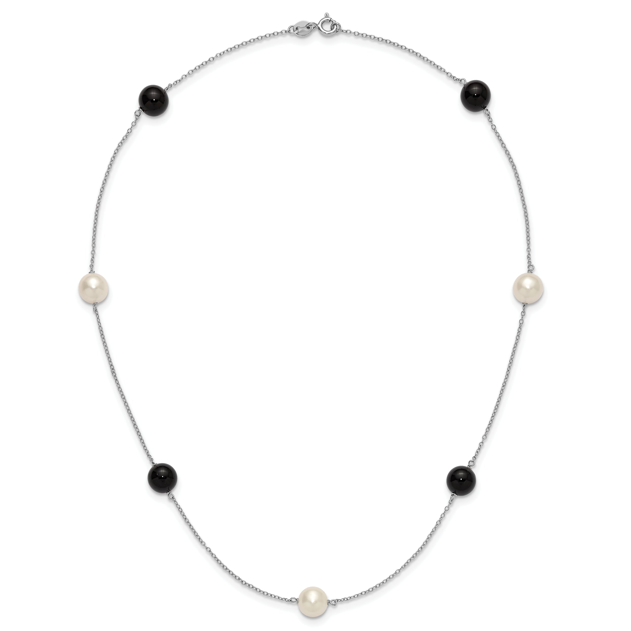 Sterling Silver Rhodium-plated 8-9mm Round White Freshwater Cultured Pearl and Onyx 7-Station 18 inch Necklace