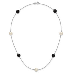 Sterling Silver Rhodium-plated 8-9mm Round White Freshwater Cultured Pearl and Onyx 7-Station 18 inch Necklace