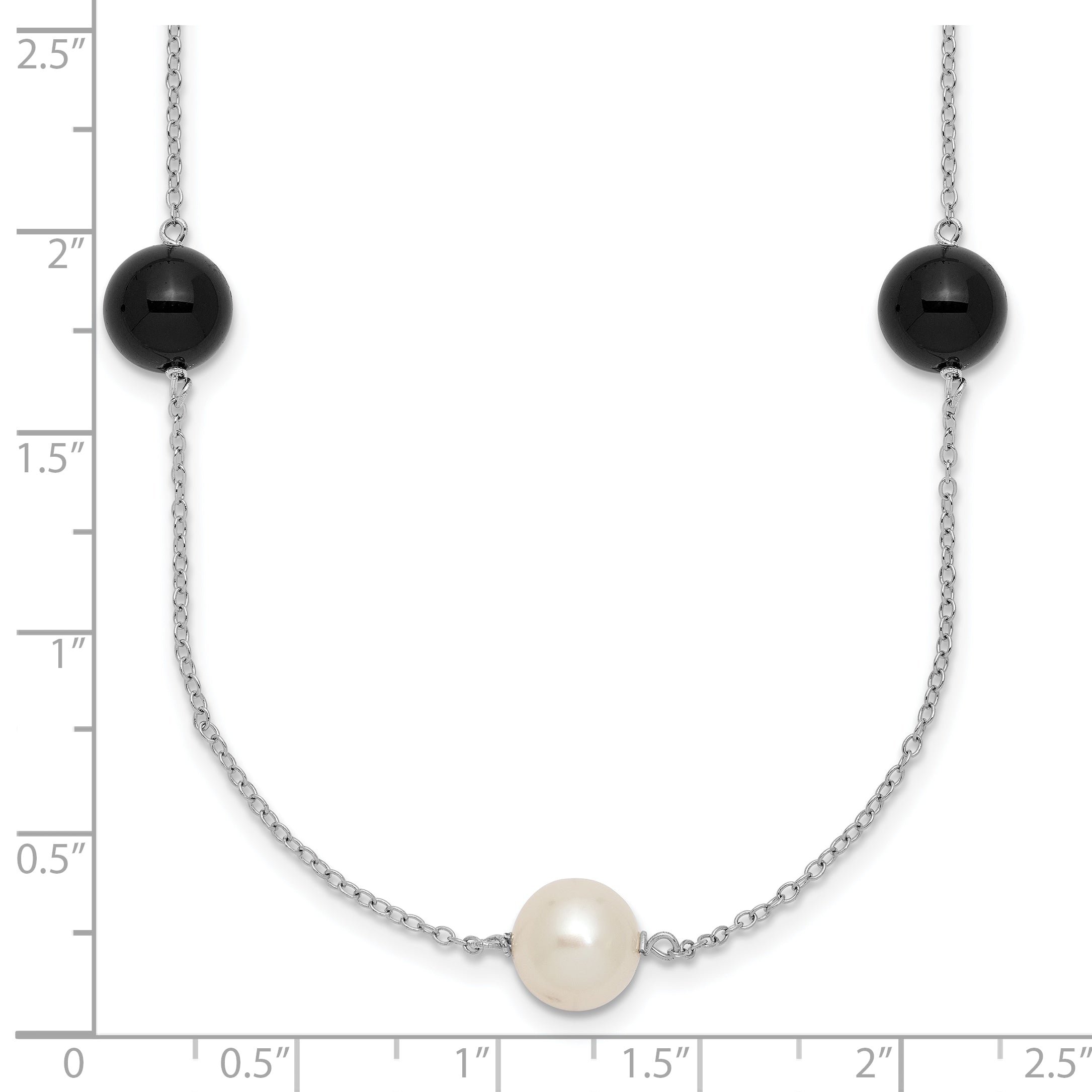 Sterling Silver Rhodium-plated 8-9mm Round White Freshwater Cultured Pearl and Onyx 7-Station 18 inch Necklace