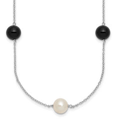 Sterling Silver Rhodium-plated 8-9mm Round White Freshwater Cultured Pearl and Onyx 7-Station 18 inch Necklace