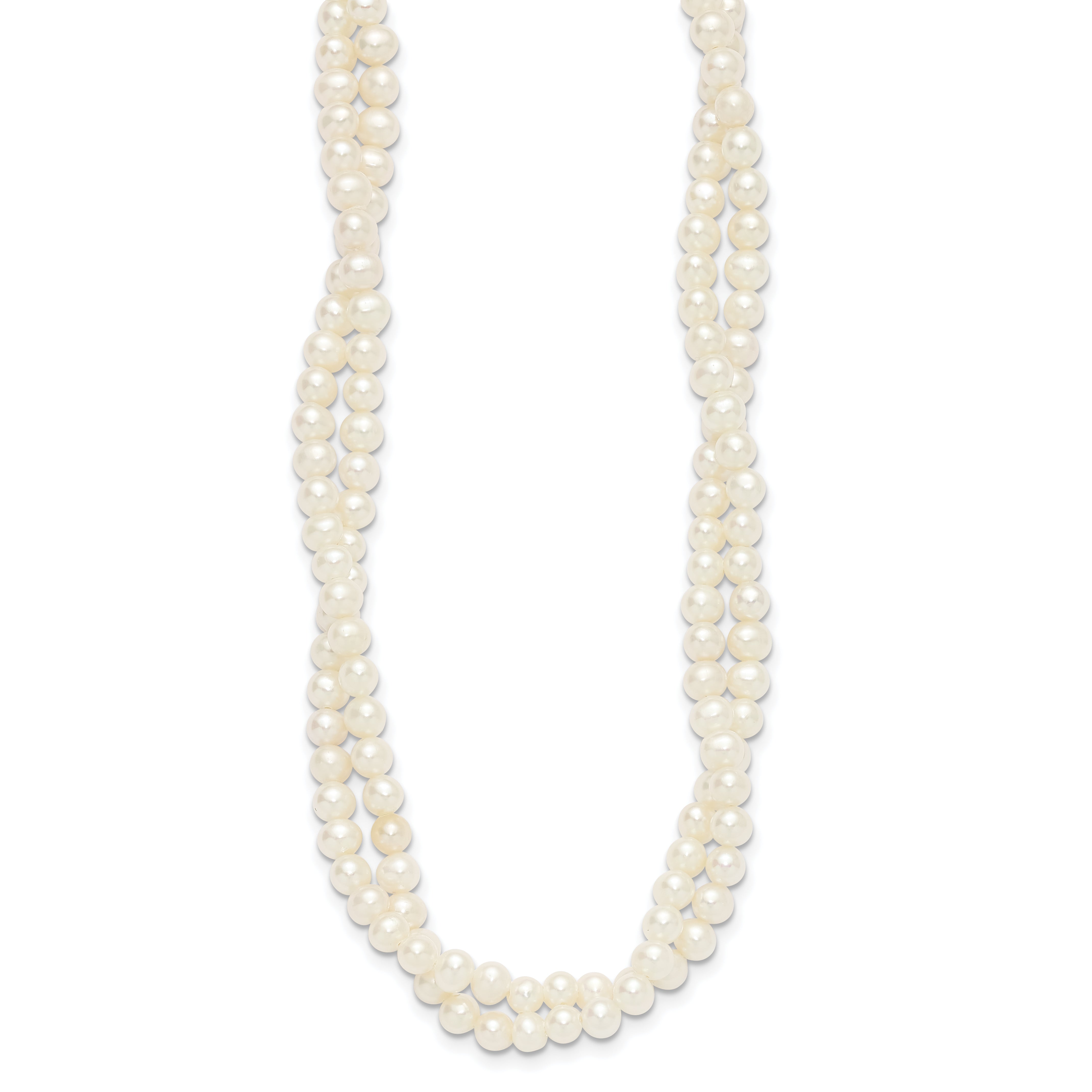 Sterling Silver Rhodium-plated 5-6mm Semi-Round White Freshwater Cultured Pearl 2-Strand 14 inch with 2 inch Extender Choker