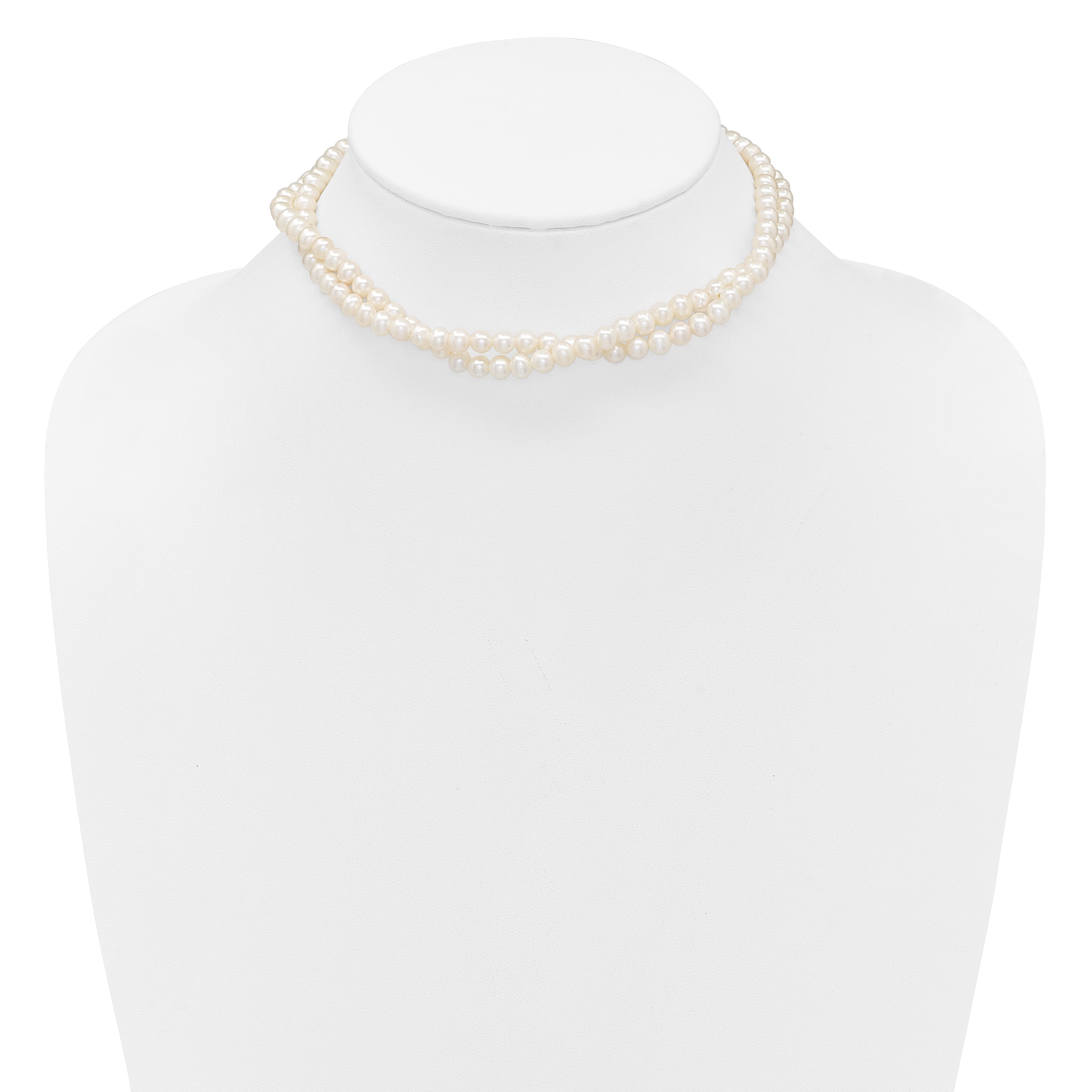 Sterling Silver Rhodium-plated 5-6mm Semi-Round White Freshwater Cultured Pearl 2-Strand 14 inch with 2 inch Extender Choker