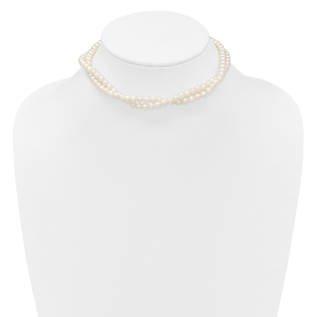 Sterling Silver Rhodium-plated 5-6mm Semi-Round White Freshwater Cultured Pearl 2-Strand 14 inch with 2 inch Extender Choker