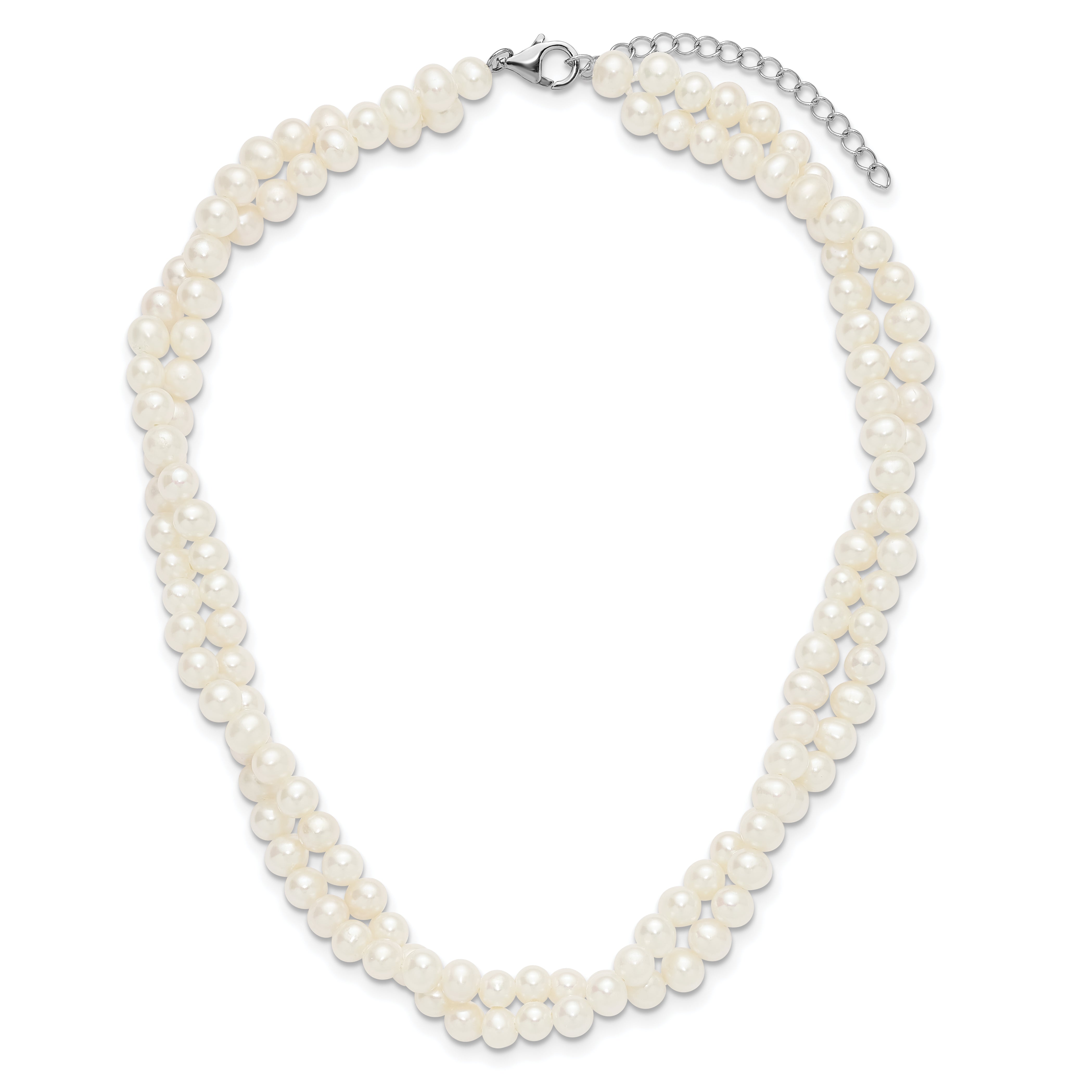Sterling Silver Rhodium-plated 5-6mm Semi-Round White Freshwater Cultured Pearl 2-Strand 14 inch with 2 inch Extender Choker