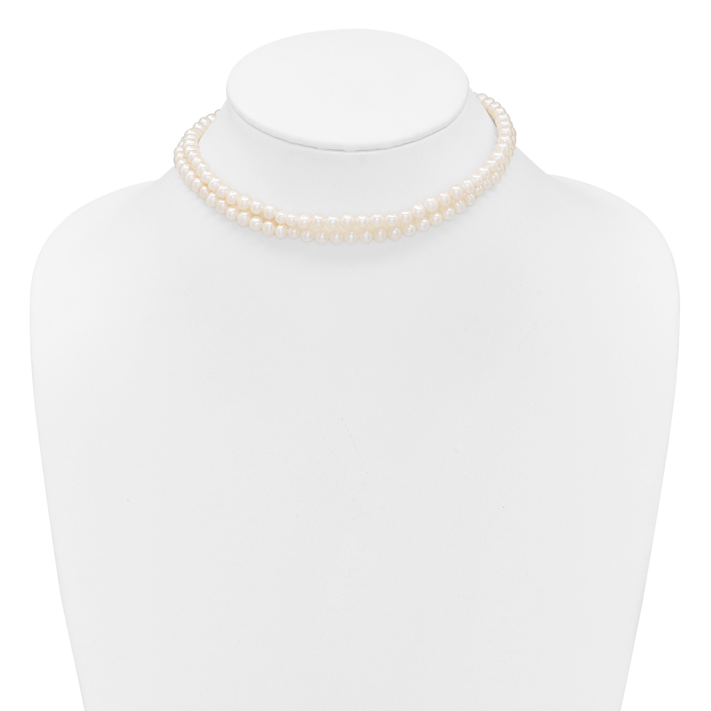 Sterling Silver Rhodium-plated 5-6mm Semi-Round White Freshwater Cultured Pearl 2-Strand 14 inch with 2 inch Extender Choker
