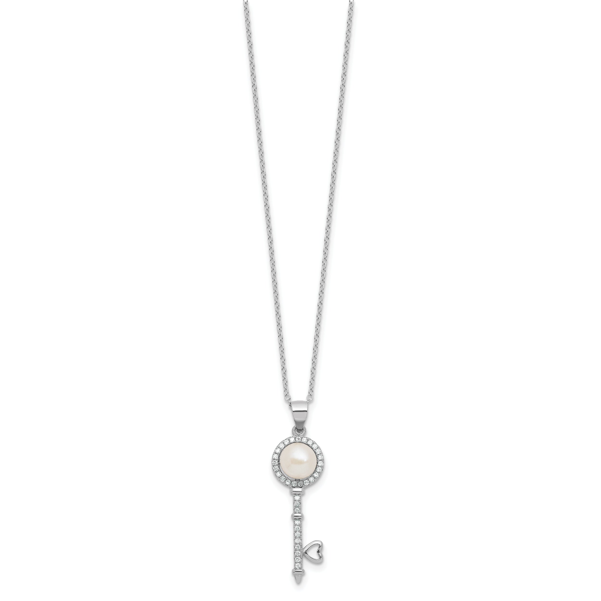 Sterling Silver Rhodium-plated 7-8mm Button White Freshwater Cultured Pearl and CZ Key 17 inch Necklace