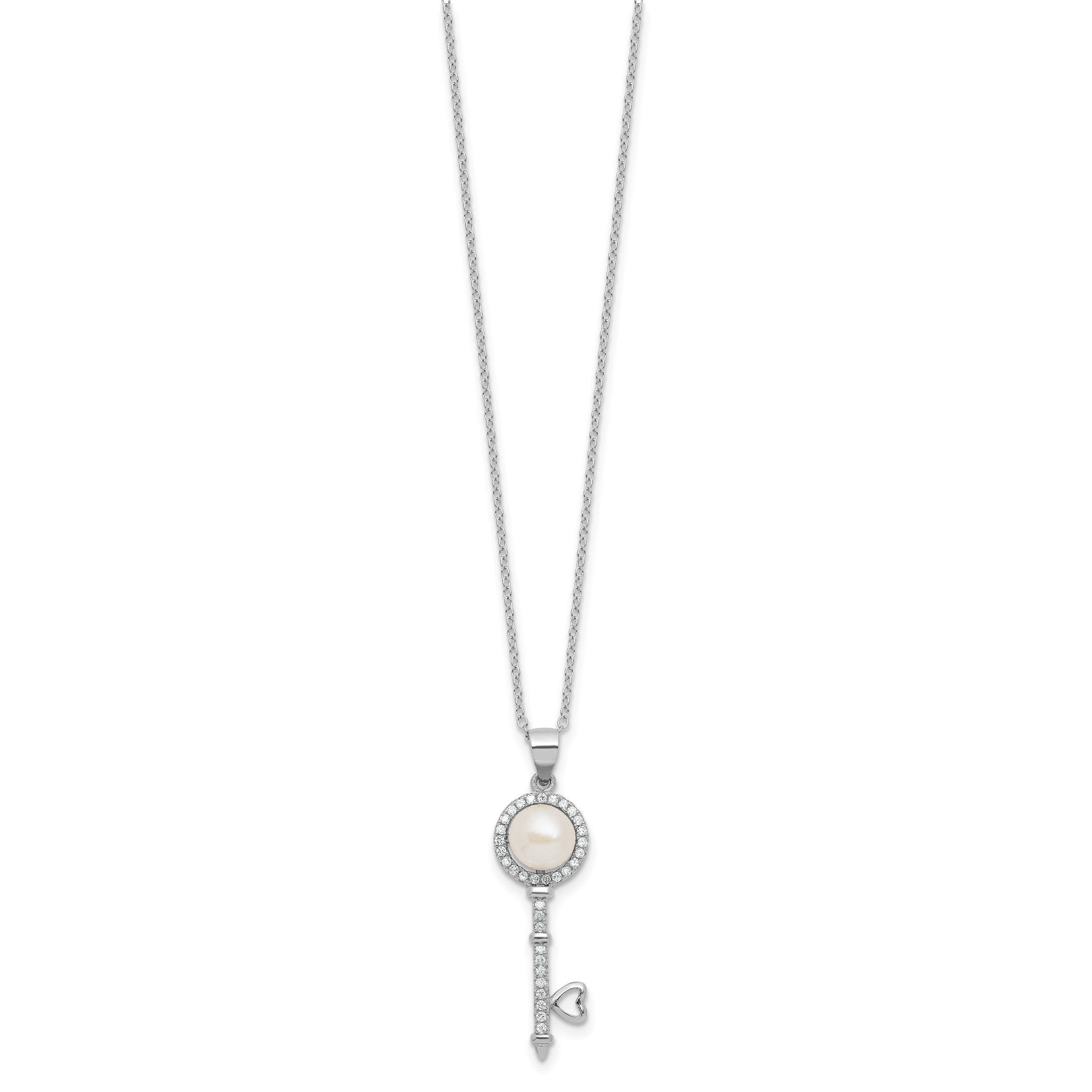Sterling Silver Rhodium-plated 7-8mm Button White Freshwater Cultured Pearl and CZ Key 17 inch Necklace Secondary image