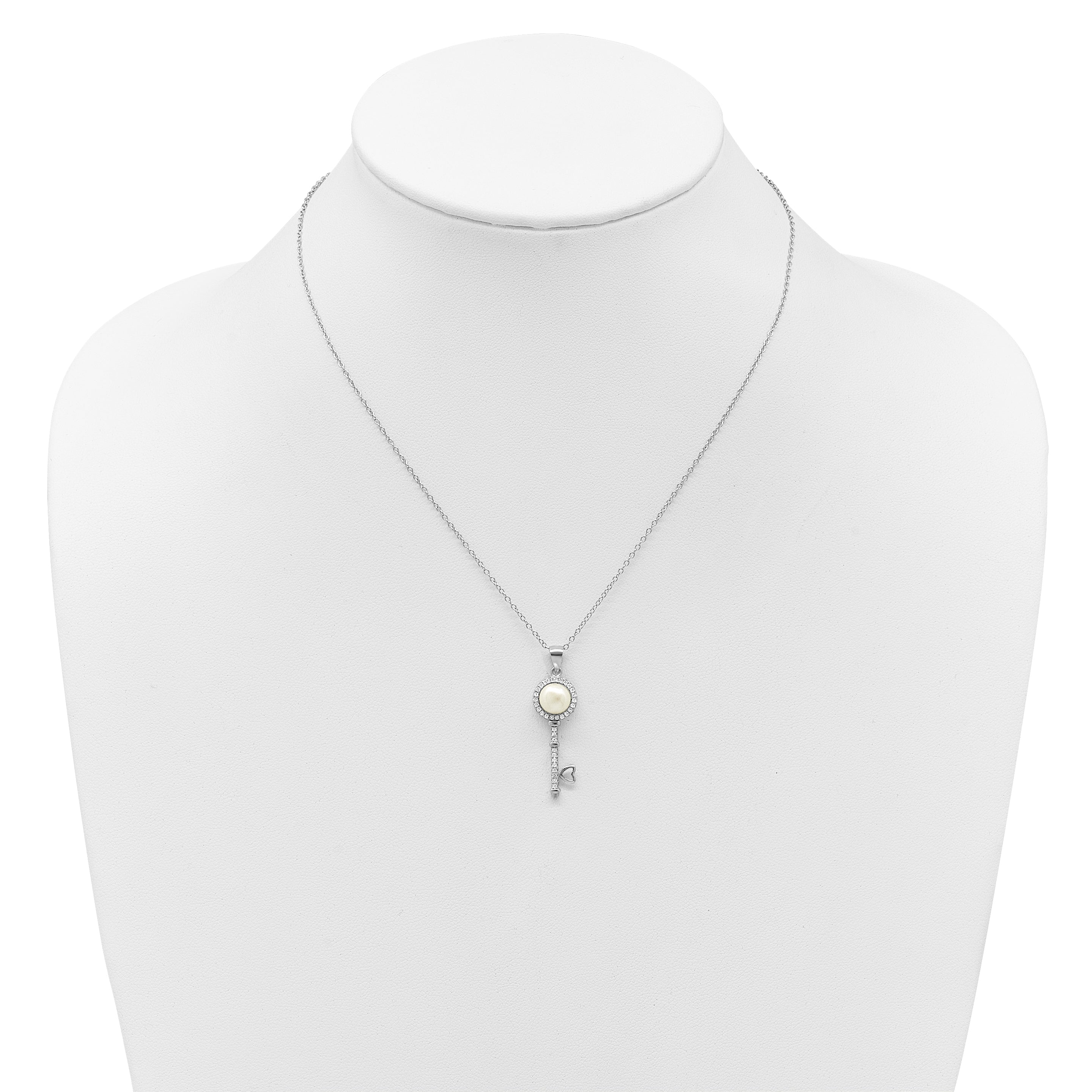 Sterling Silver Rhodium-plated 7-8mm Button White Freshwater Cultured Pearl and CZ Key 17 inch Necklace