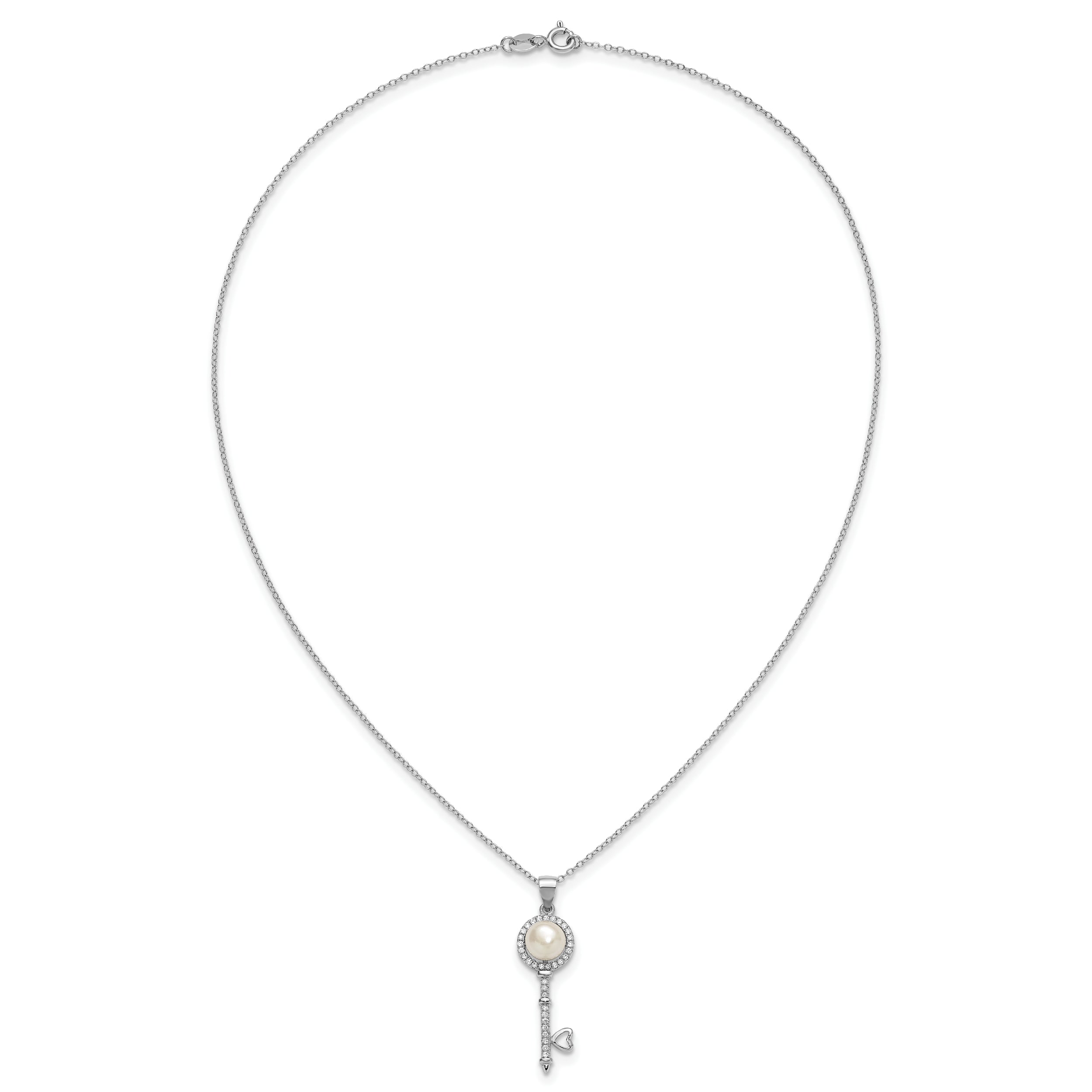 Sterling Silver Rhodium-plated 7-8mm Button White Freshwater Cultured Pearl and CZ Key 17 inch Necklace