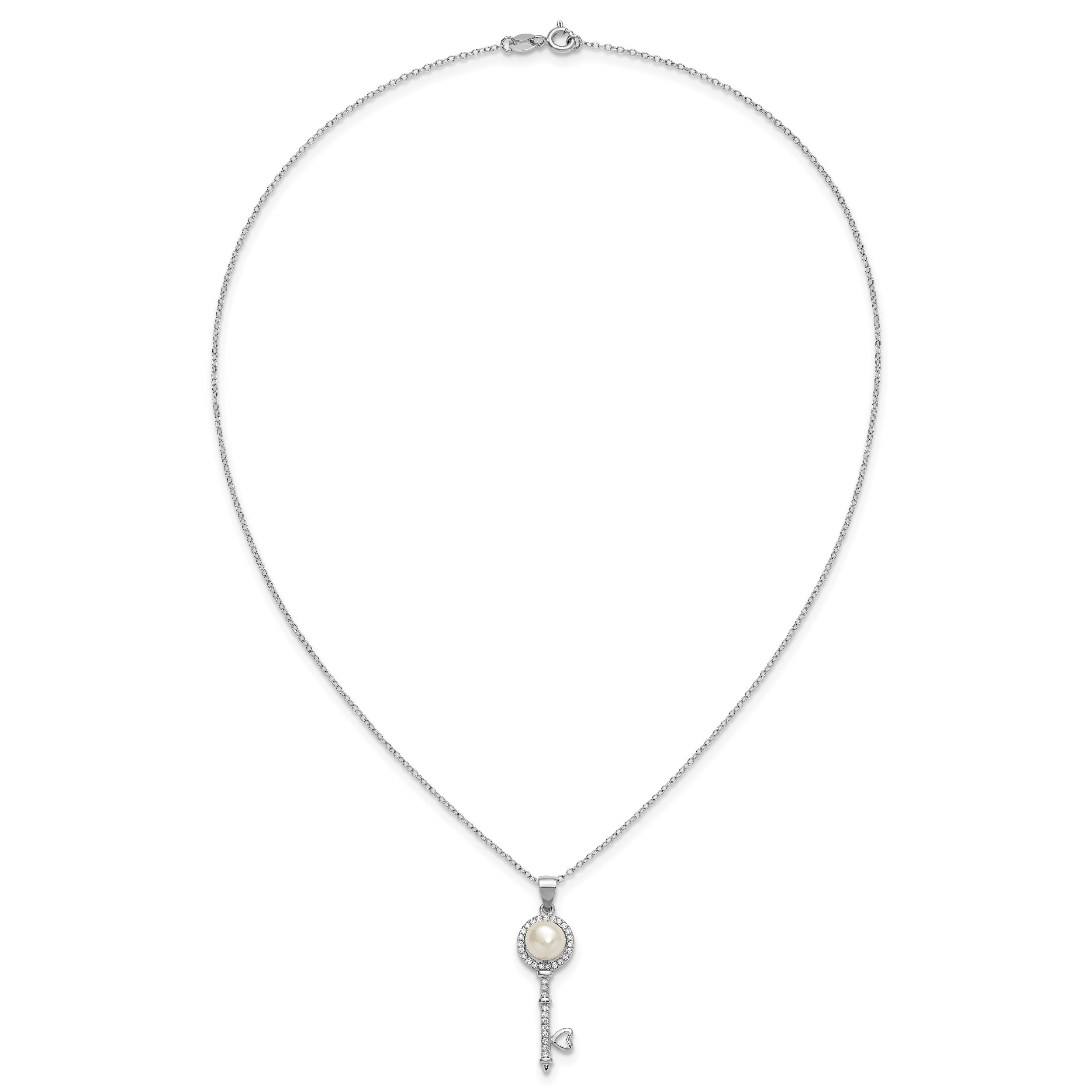 Sterling Silver Rhodium-plated 7-8mm Button White Freshwater Cultured Pearl and CZ Key 17 inch Necklace