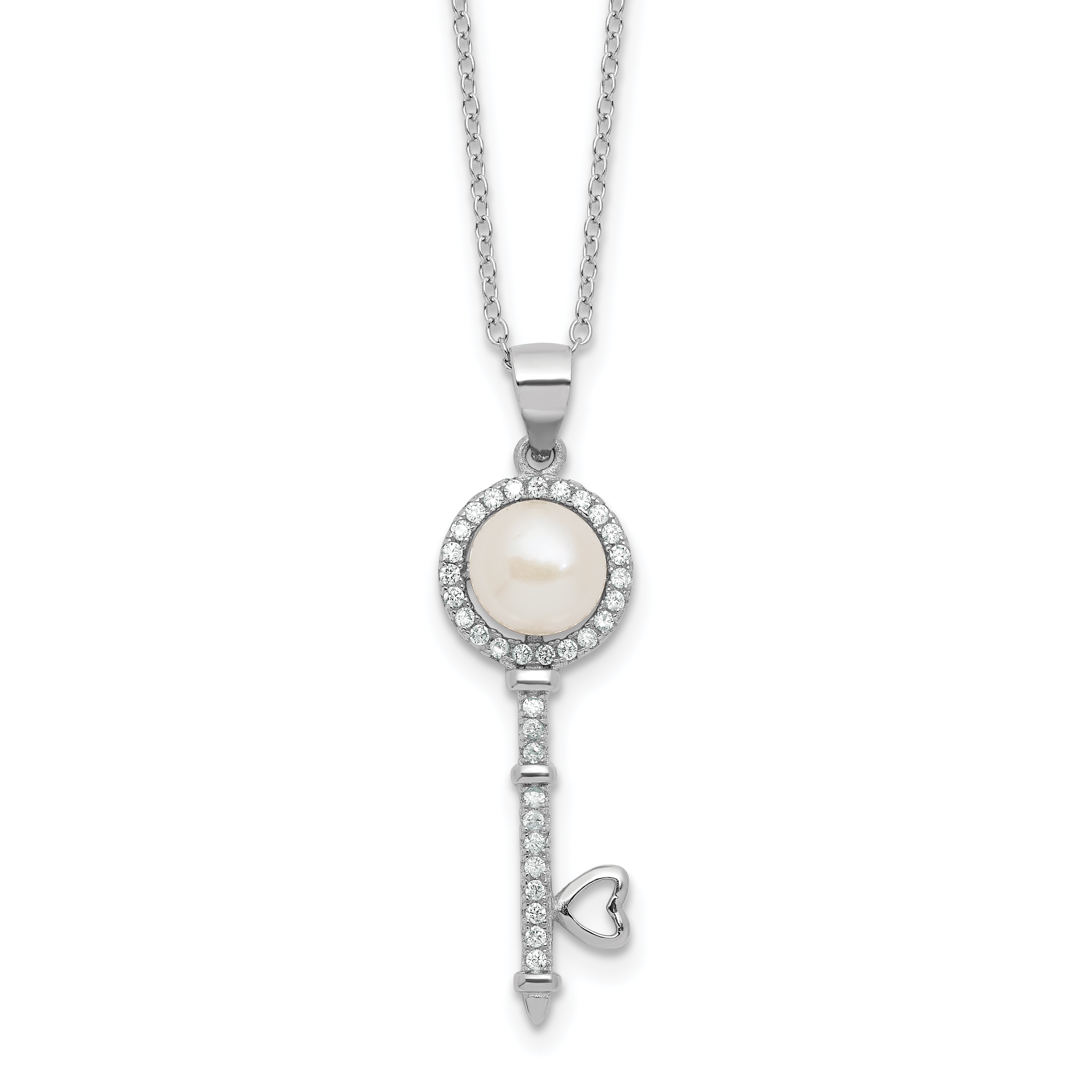 Sterling Silver Rhodium-plated 7-8mm Button White Freshwater Cultured Pearl and CZ Key 17 inch Necklace Main image
