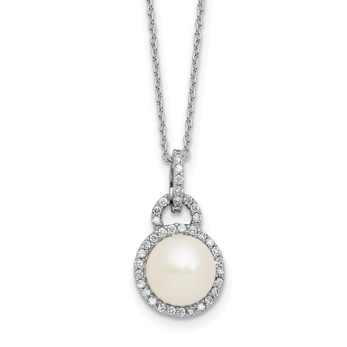 Sterling Silver Rhodium-plated 9-10mm Button White Freshwater Cultured Pearl and CZ Halo 17 inch Necklace