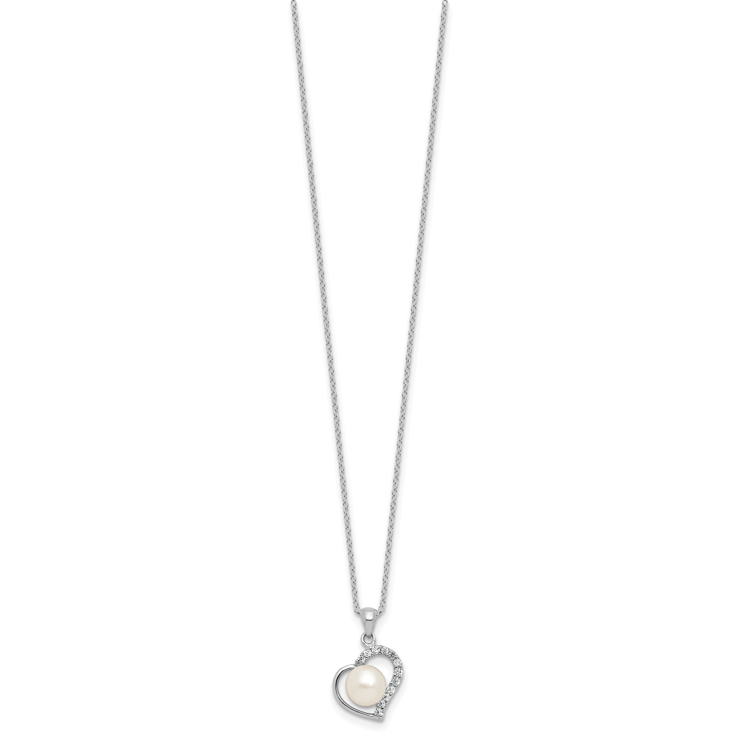 Sterling Silver Rhodium-plated 7-8mm Button White Freshwater Cultured Pearl and CZ Heart 17 inch Necklace
