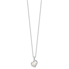 Sterling Silver Rhodium-plated 7-8mm Button White Freshwater Cultured Pearl and CZ Heart 17 inch Necklace