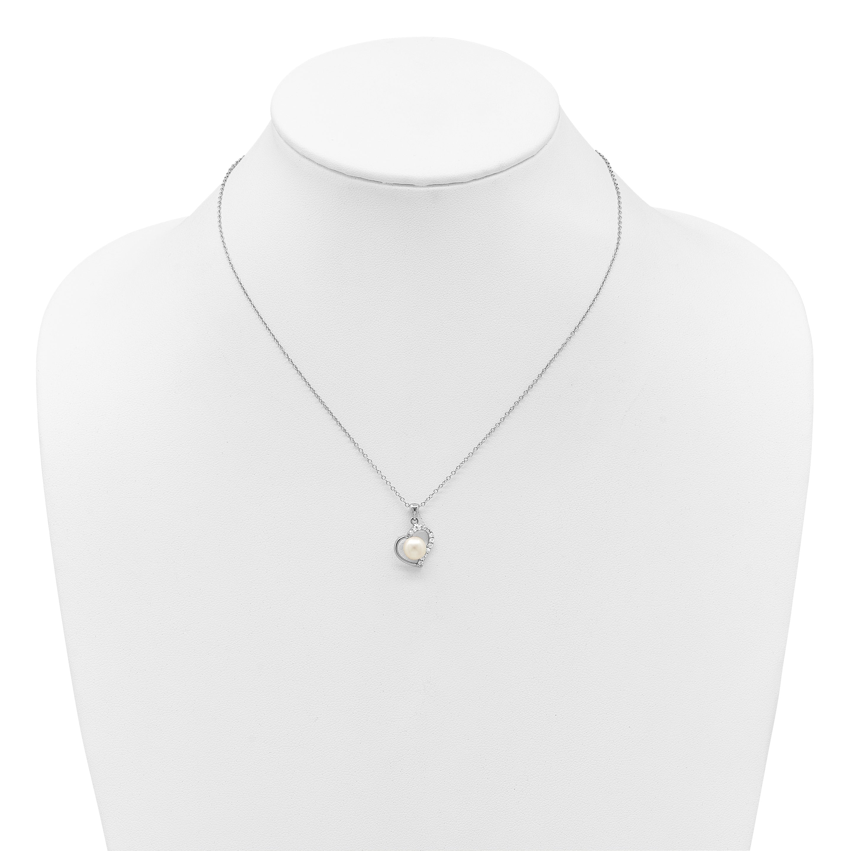 Sterling Silver Rhodium-plated 7-8mm Button White Freshwater Cultured Pearl and CZ Heart 17 inch Necklace