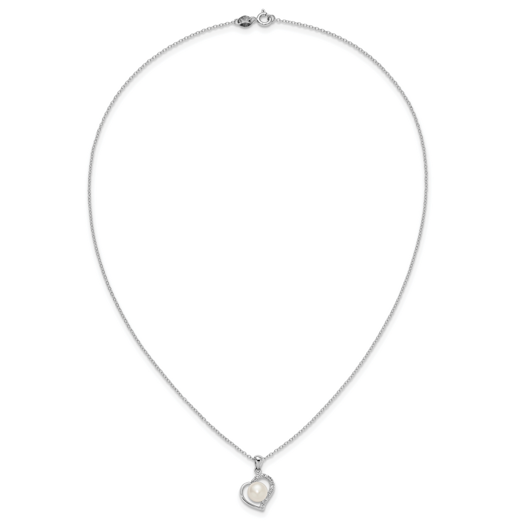 Sterling Silver Rhodium-plated 7-8mm Button White Freshwater Cultured Pearl and CZ Heart 17 inch Necklace