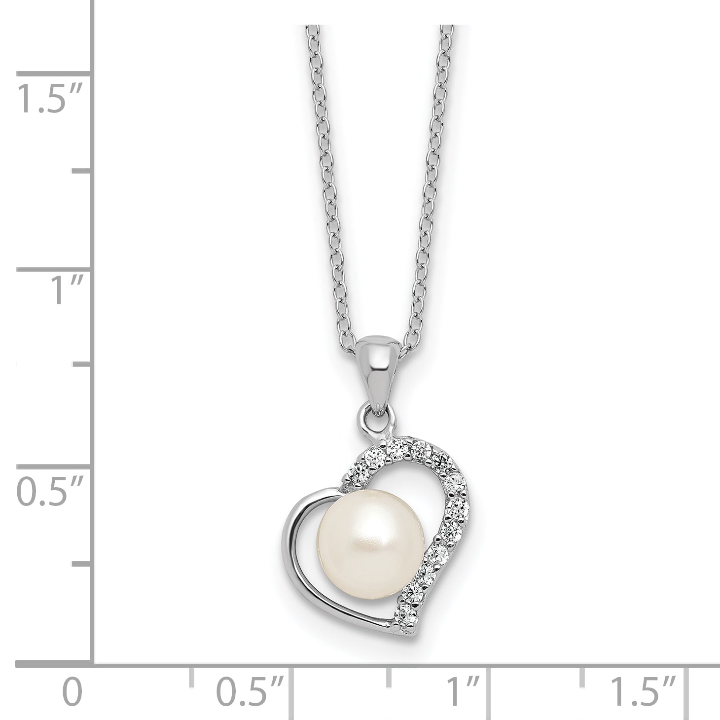 Sterling Silver Rhodium-plated 7-8mm Button White Freshwater Cultured Pearl and CZ Heart 17 inch Necklace