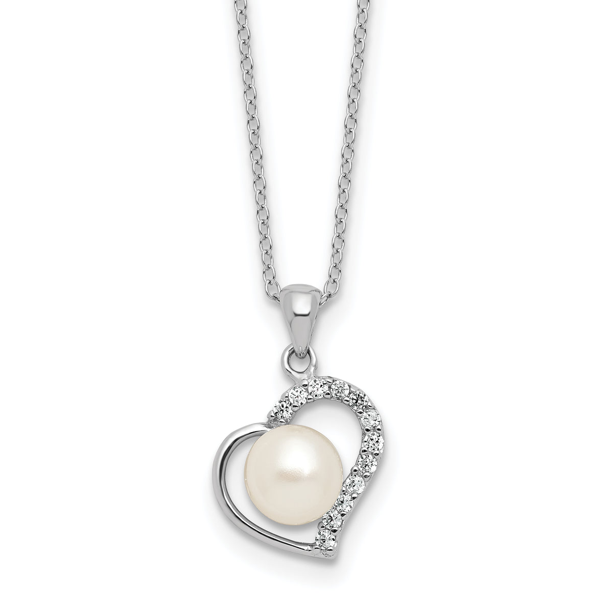Sterling Silver Rhodium-plated 7-8mm Button White Freshwater Cultured Pearl and CZ Heart 17 inch Necklace