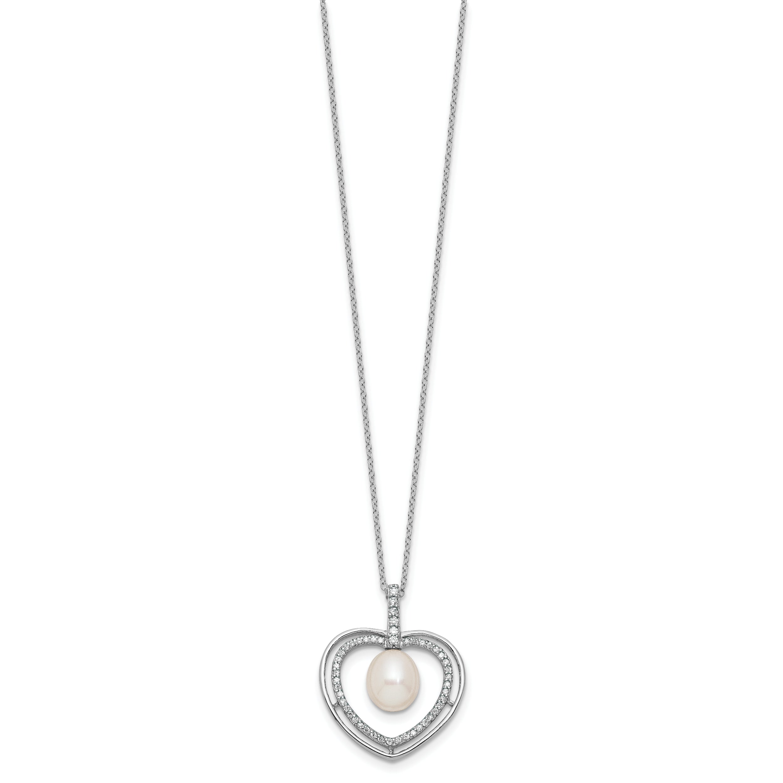 Sterling Silver Rhodium-plated 8-9mm Rice White Freshwater Cultured Pearl and CZ Open Heart 17 inch Necklace