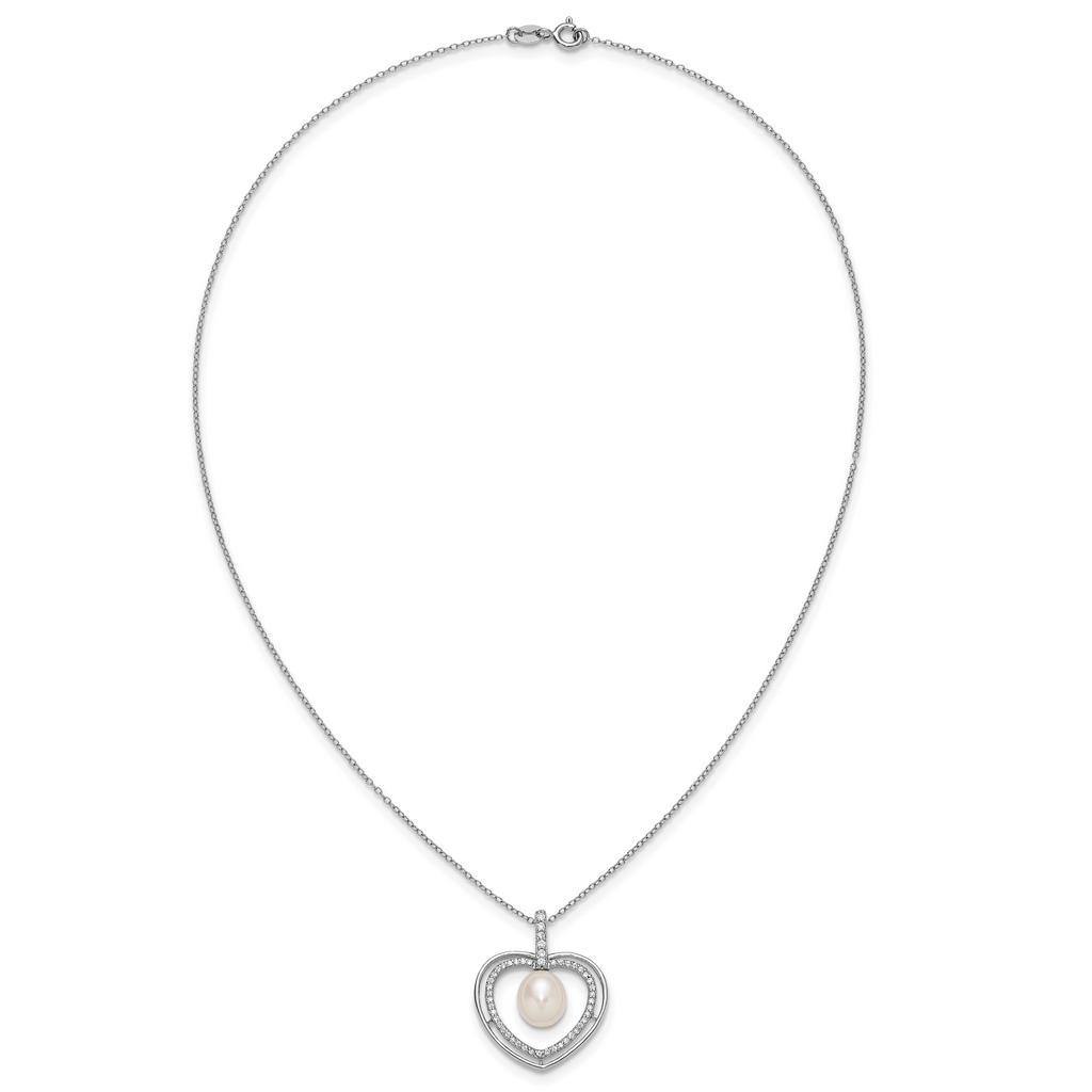 Sterling Silver Rhodium-plated 8-9mm Rice White Freshwater Cultured Pearl and CZ Open Heart 17 inch Necklace