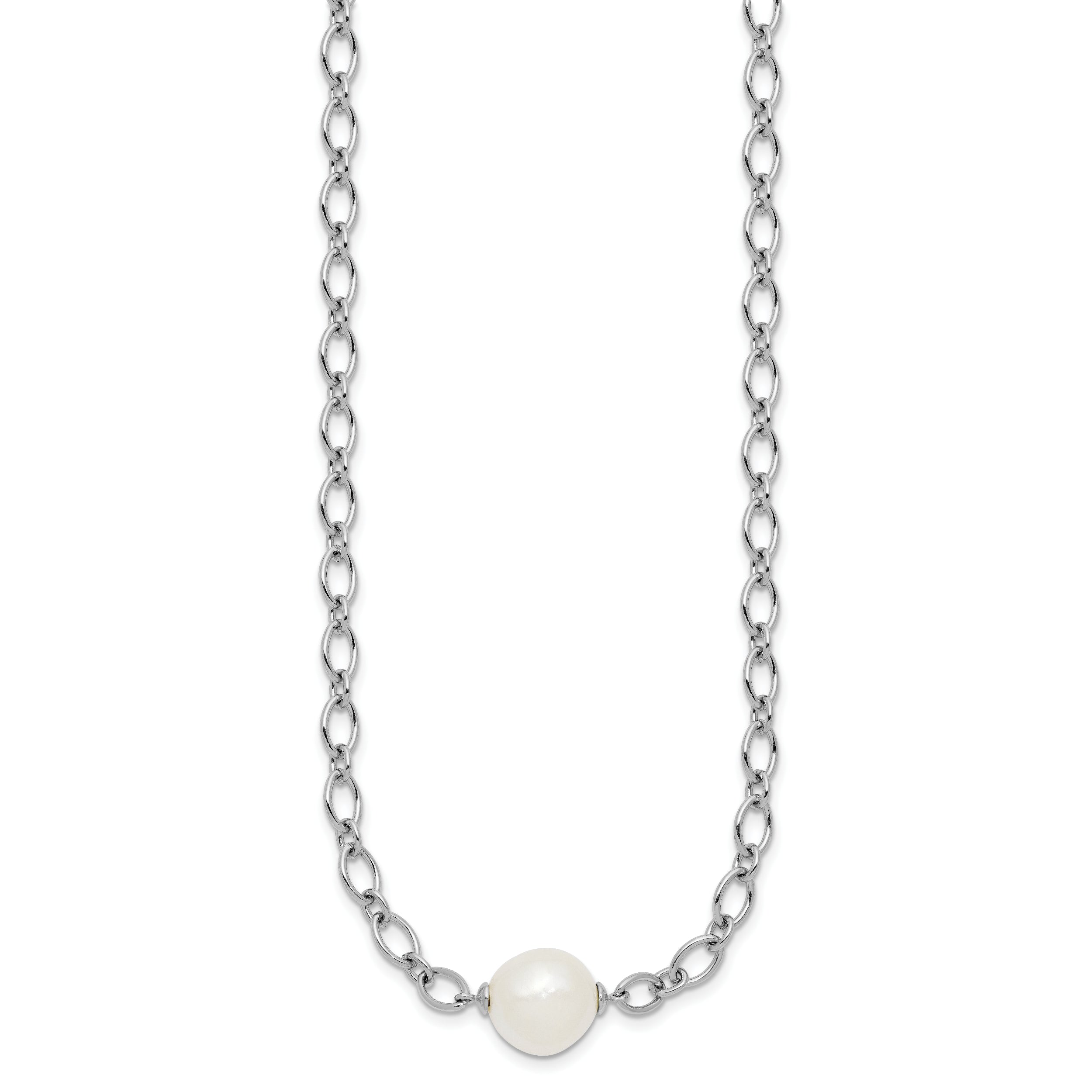Sterling Silver Rhodium-plated 12-13mm Semi-Round White Freshwater Cultured Pearl Center and Open Link Cable Chain 18 inch Necklace