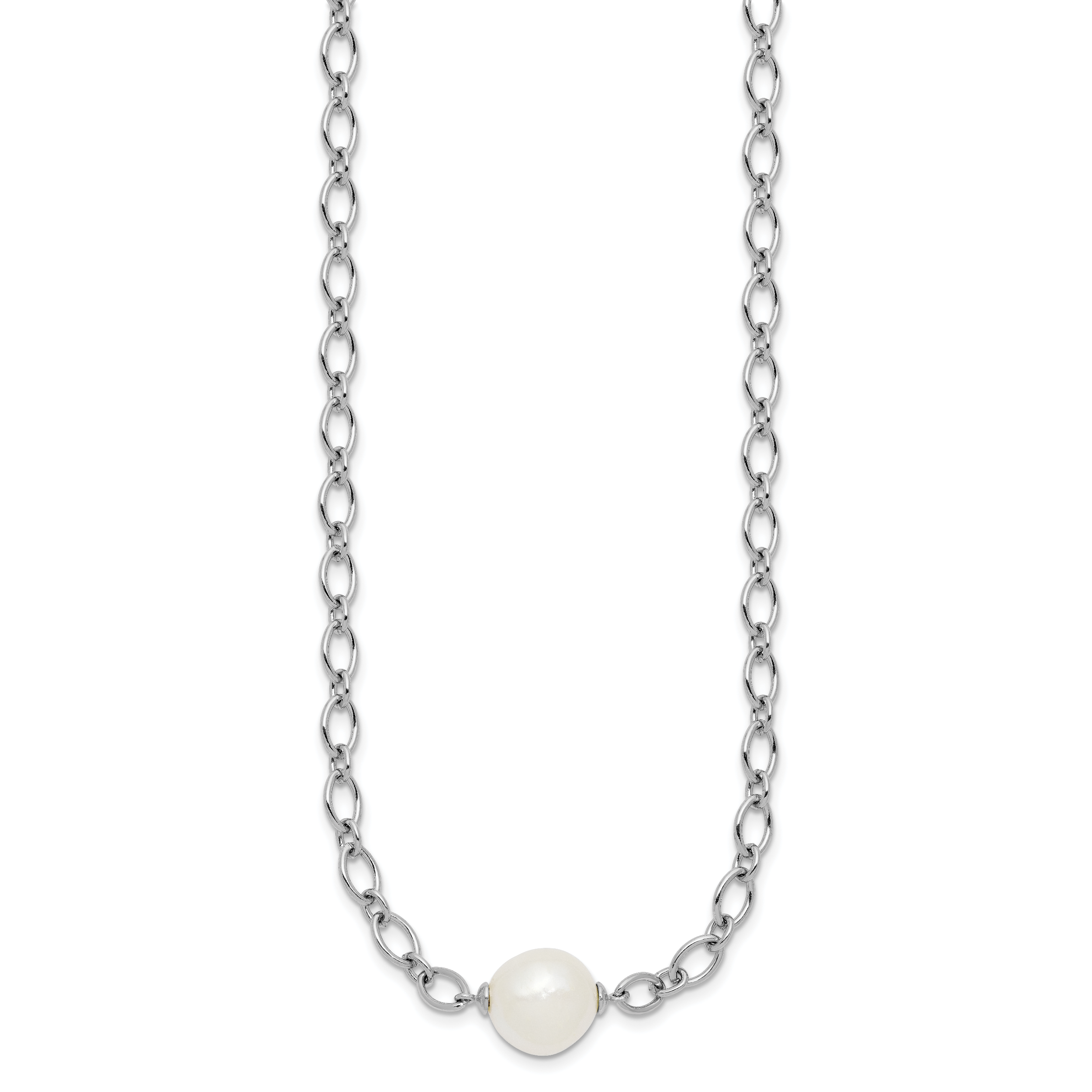 Sterling Silver Rhodium-plated 12-13mm Semi-Round White Freshwater Cultured Pearl Center and Open Link Cable Chain 18 inch Necklace Secondary image