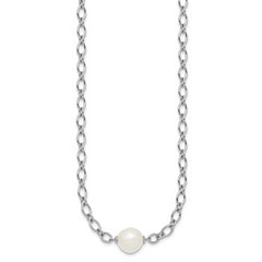 Sterling Silver Rhodium-plated 12-13mm Semi-Round White Freshwater Cultured Pearl Center and Open Link Cable Chain 18 inch Necklace