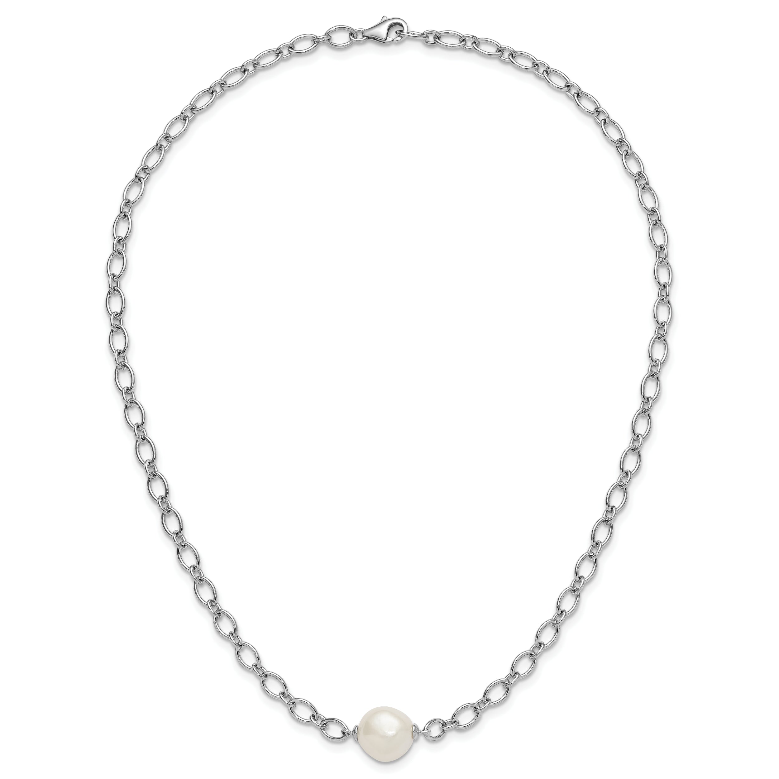 Sterling Silver Rhodium-plated 12-13mm Semi-Round White Freshwater Cultured Pearl Center and Open Link Cable Chain 18 inch Necklace