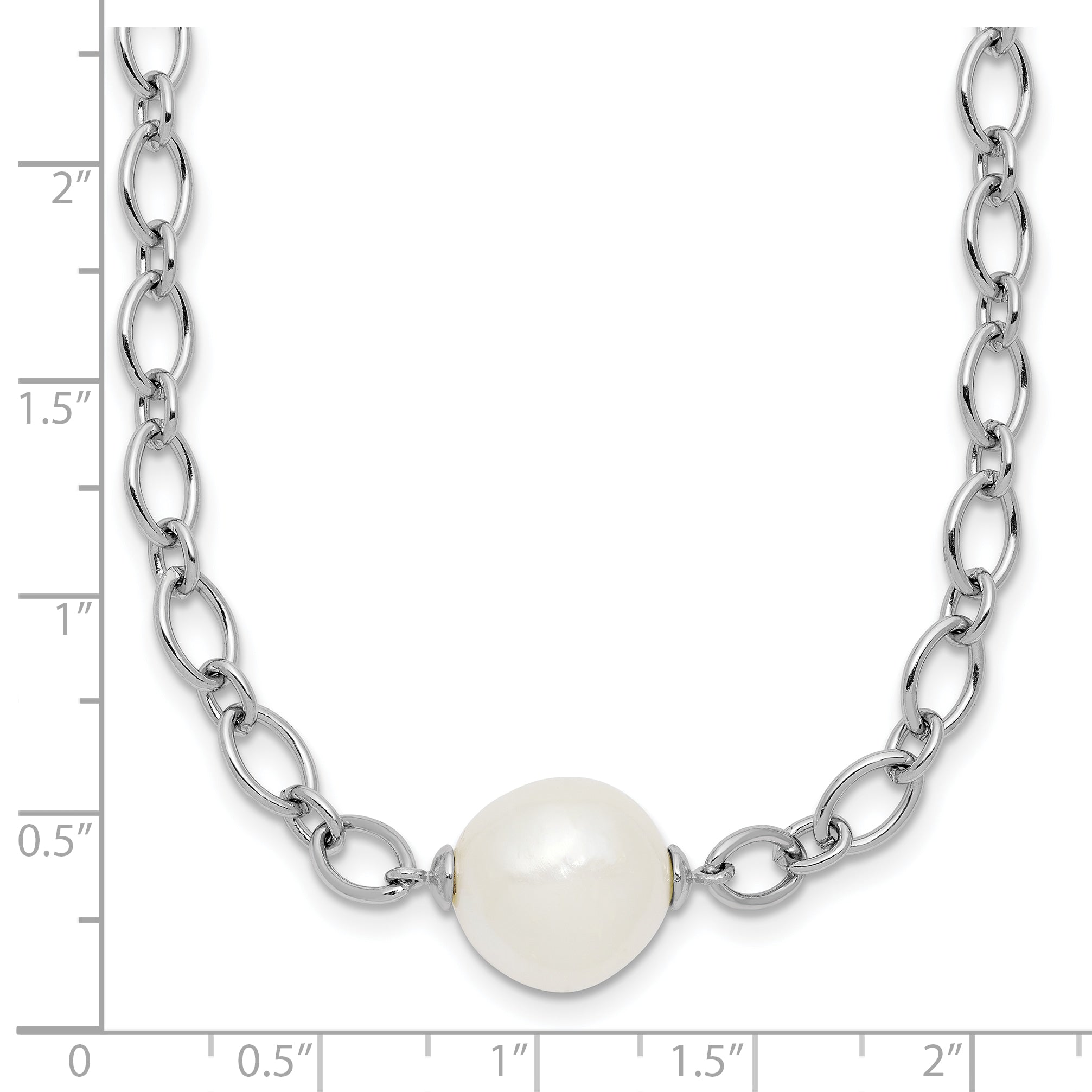 Sterling Silver Rhodium-plated 12-13mm Semi-Round White Freshwater Cultured Pearl Center and Open Link Cable Chain 18 inch Necklace