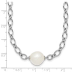 Sterling Silver Rhodium-plated 12-13mm Semi-Round White Freshwater Cultured Pearl Center and Open Link Cable Chain 18 inch Necklace