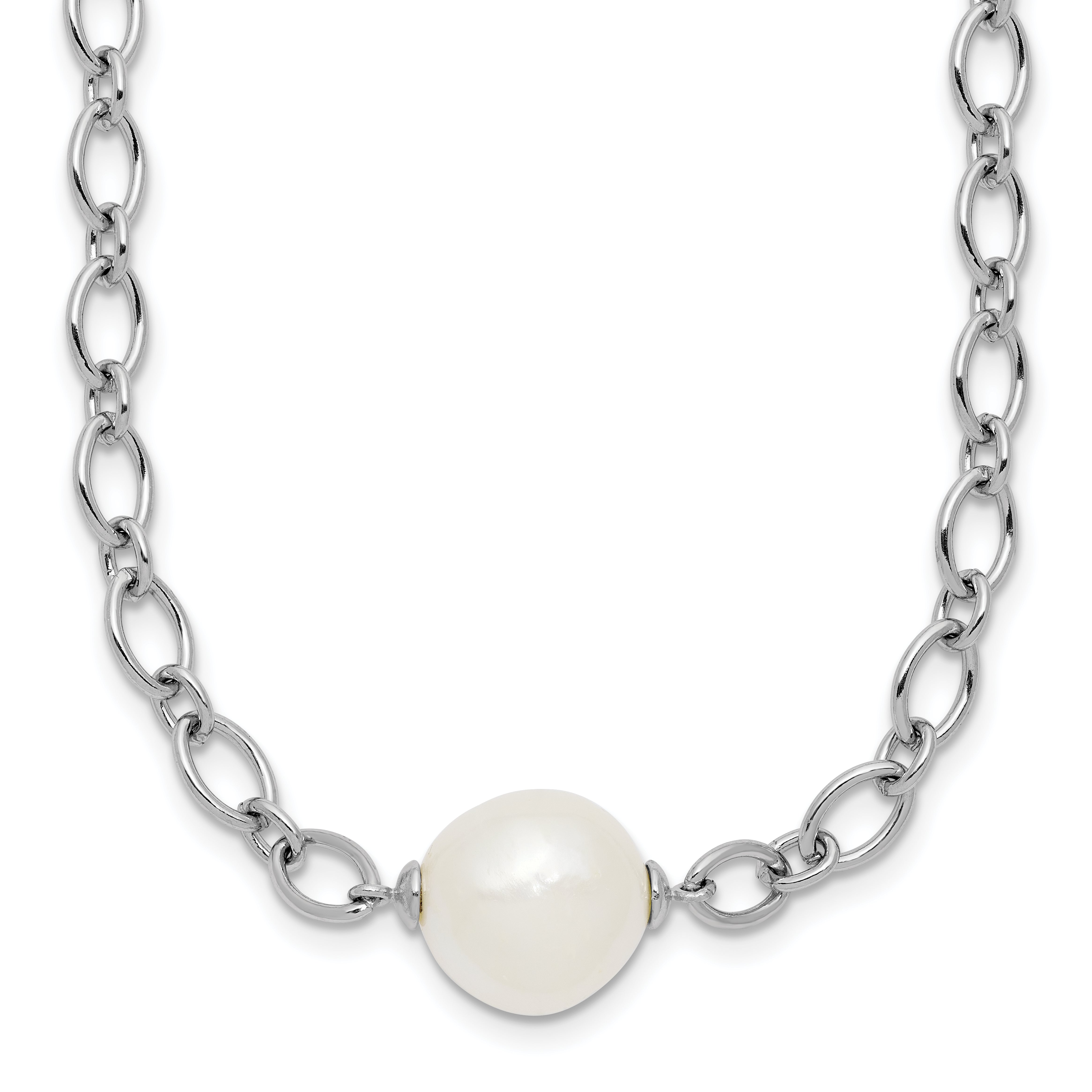 Sterling Silver Rhodium-plated 12-13mm Semi-Round White Freshwater Cultured Pearl Center and Open Link Cable Chain 18 inch Necklace Main image