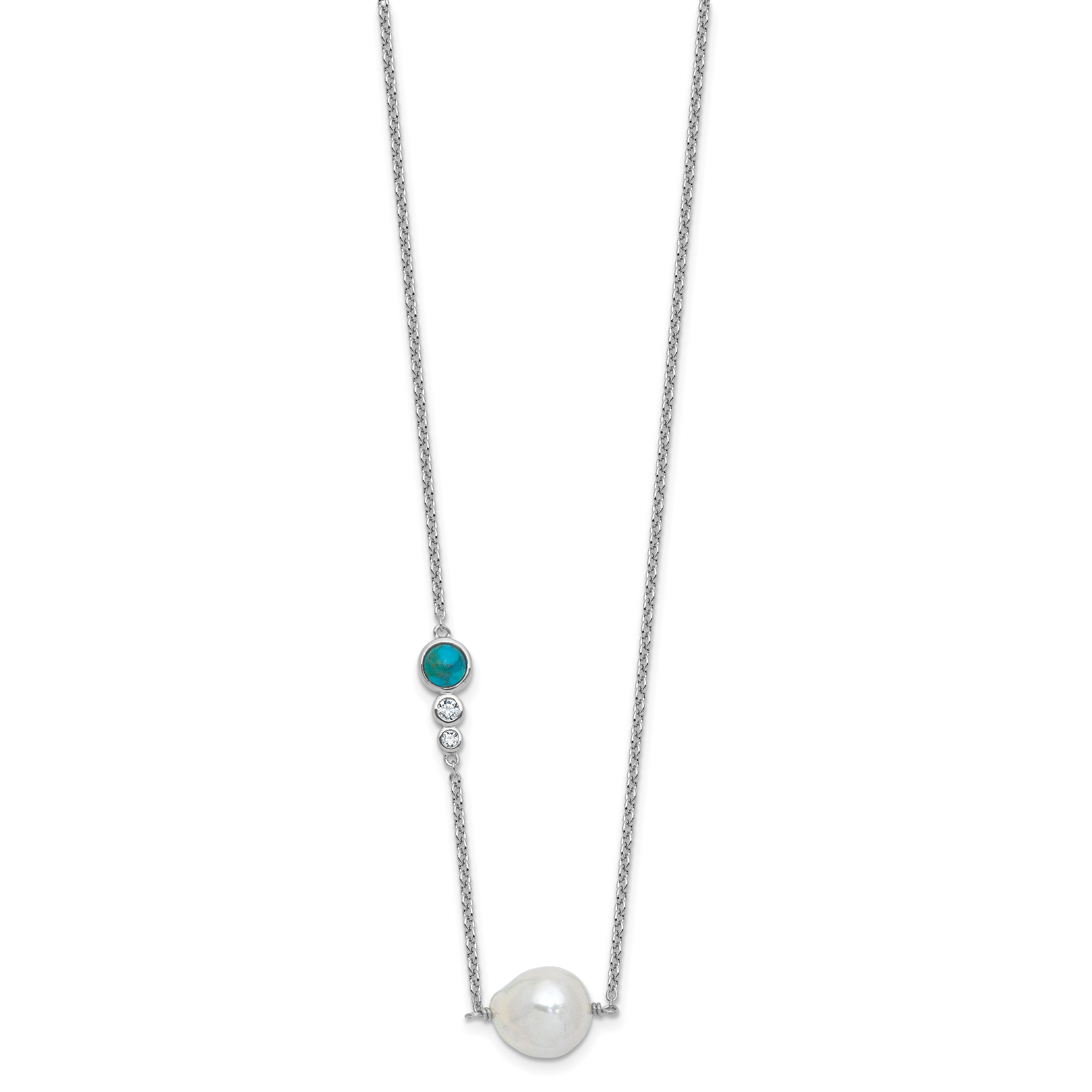 Sterling Silver Rhodium-plated CZ, Compressed Turquoise and White Freshwater Cultured Pearl 16 inch with 2 inch Extension Necklace Secondary image